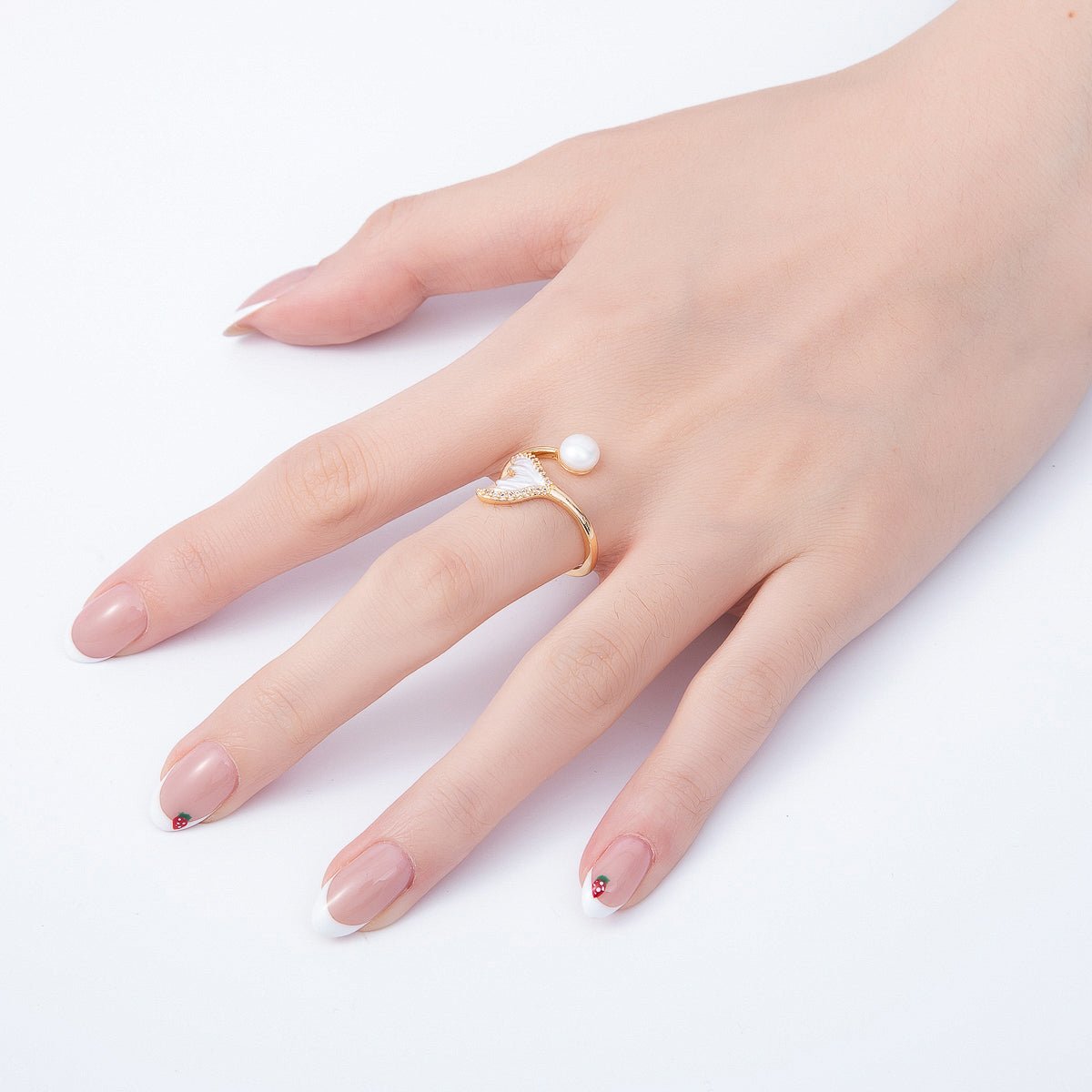 16K Gold Filled Shell Pearl Micro Paved CZ White Enamel Mermaid Tail Ring | Rings-00332 - DLUXCA