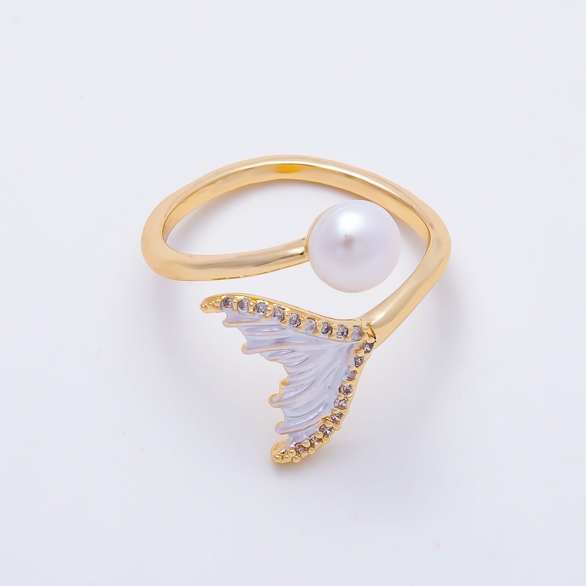 16K Gold Filled Shell Pearl Micro Paved CZ White Enamel Mermaid Tail Ring | Rings-00332 - DLUXCA