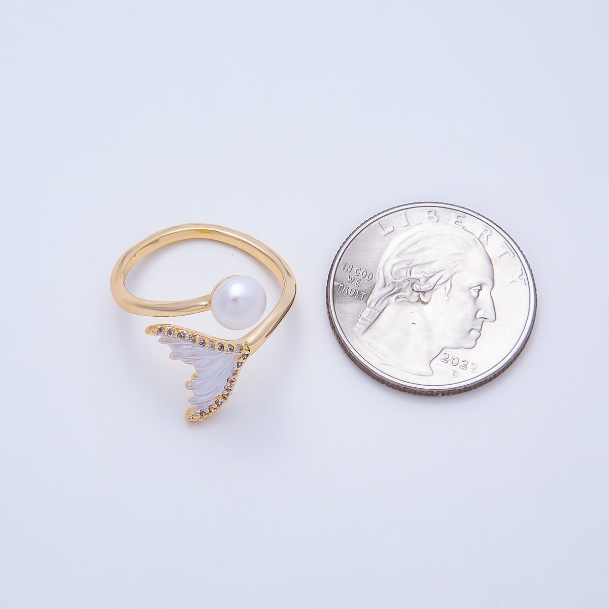 16K Gold Filled Shell Pearl Micro Paved CZ White Enamel Mermaid Tail Ring | Rings-00332 - DLUXCA