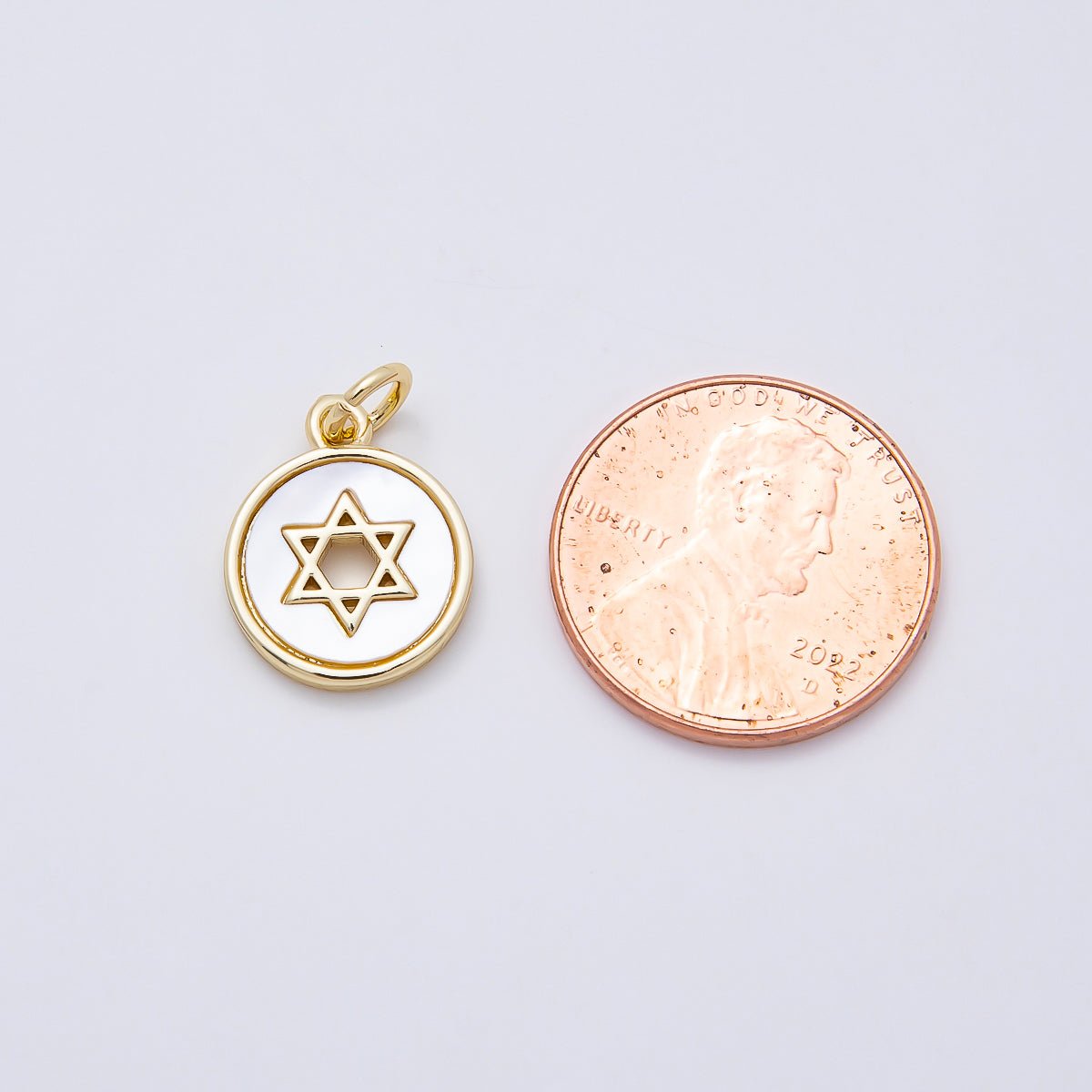 16K Gold Filled Star of David Shell Pearl Open Round Charm | Charms-01105 - DLUXCA