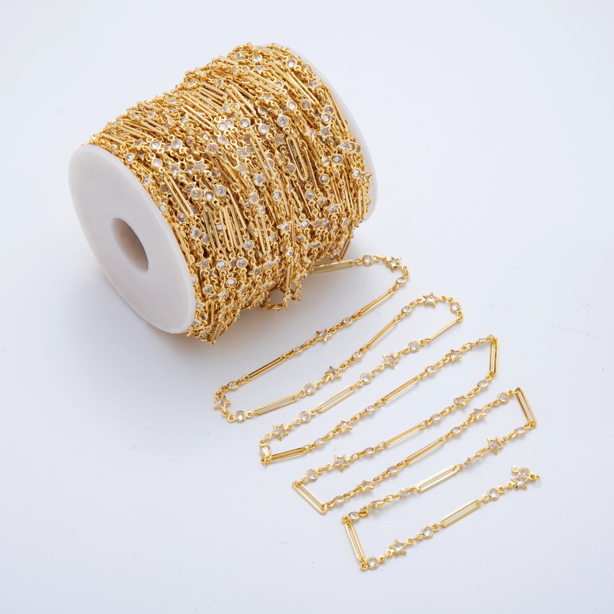16K Gold Filled Star Round Bezel CZ Paperclip Unfinished Chain by Yard | Roll - 1616 - DLUXCA