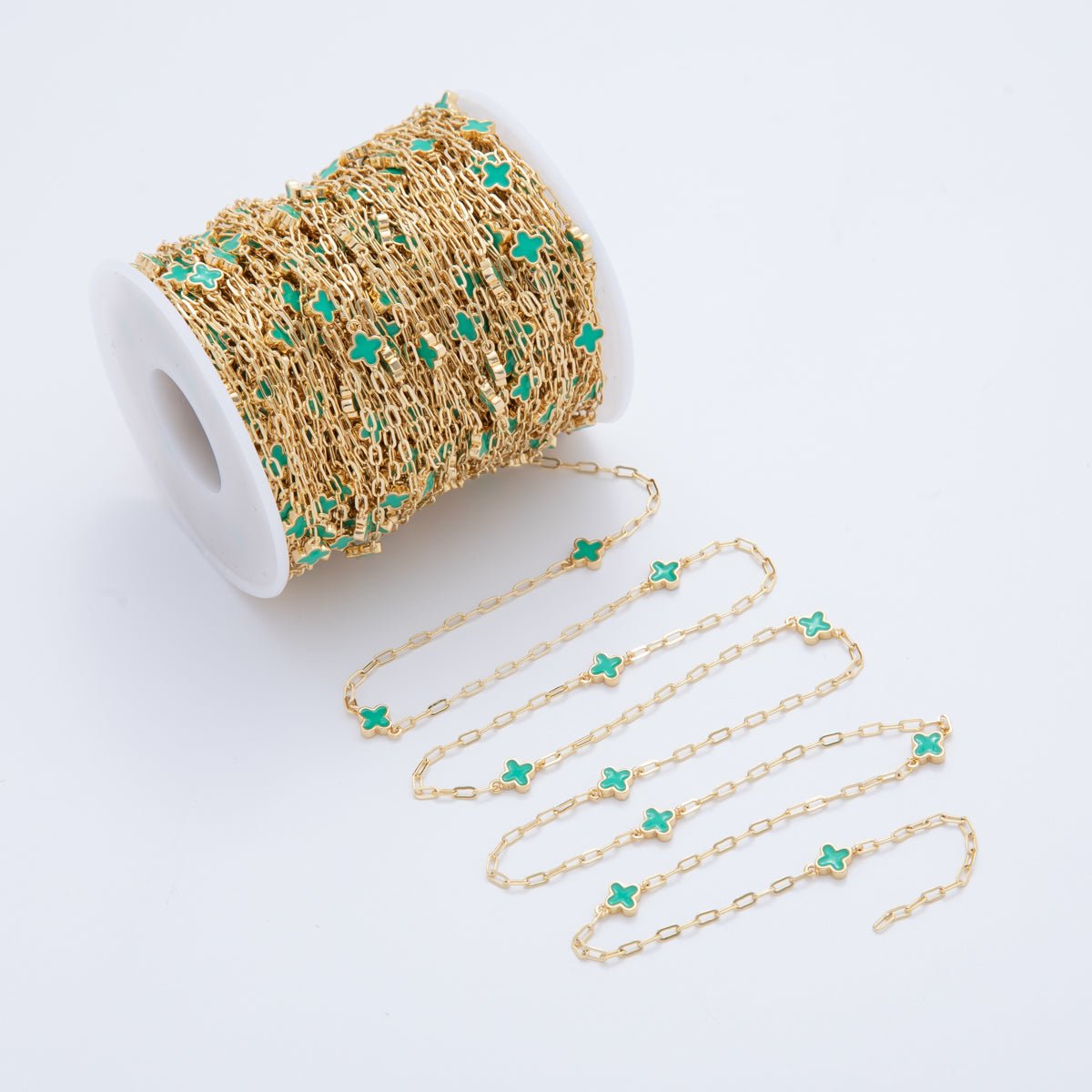16K Gold Filled Teal Blue Quatrefoil Enamel Paperclip Unfinished Chain by Yard | Roll - 1599 - DLUXCA