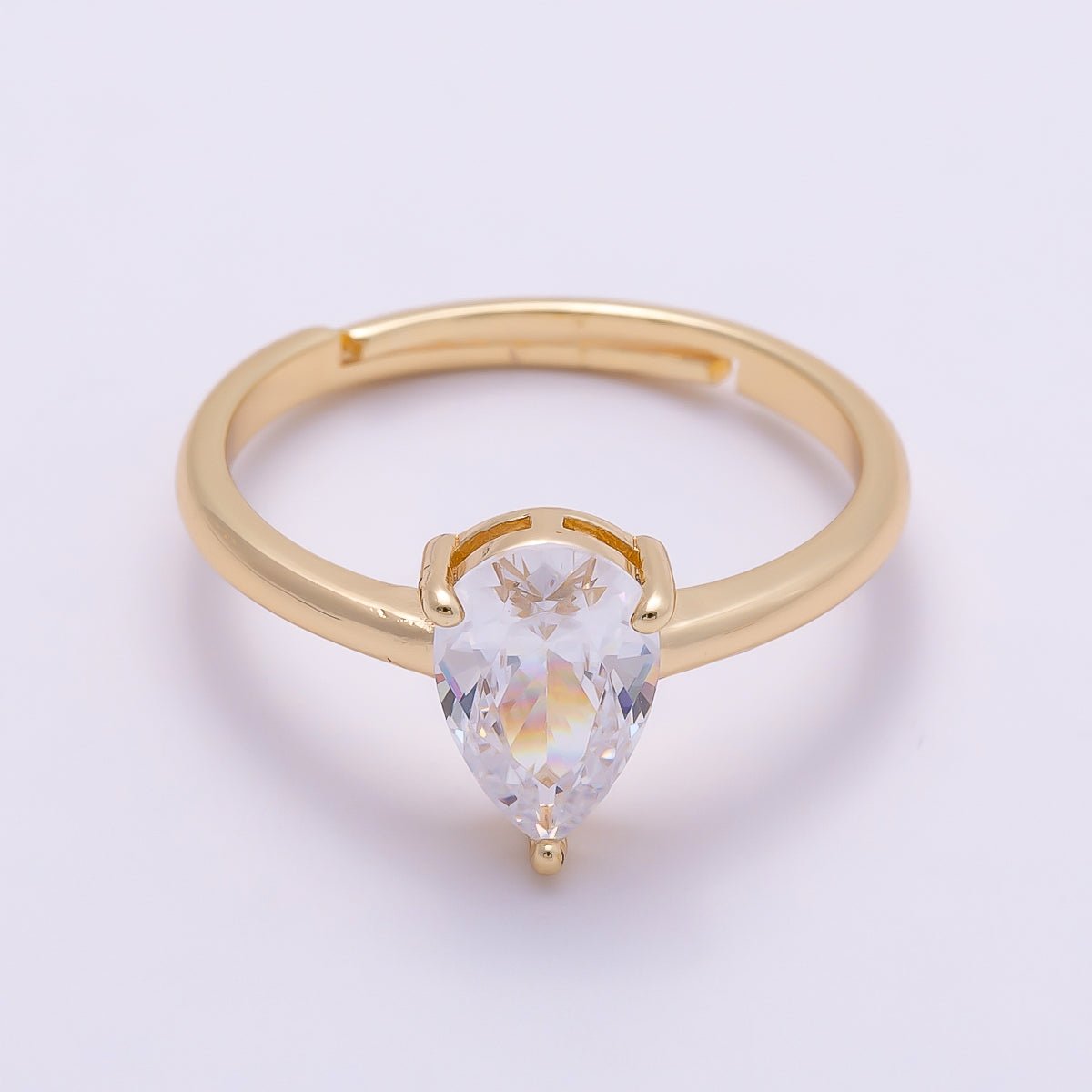 16K Gold Filled Teardrop CZ Solitaire Adjustable Ring in Gold & Silver | Rings-00136 Rings-00137 - DLUXCA