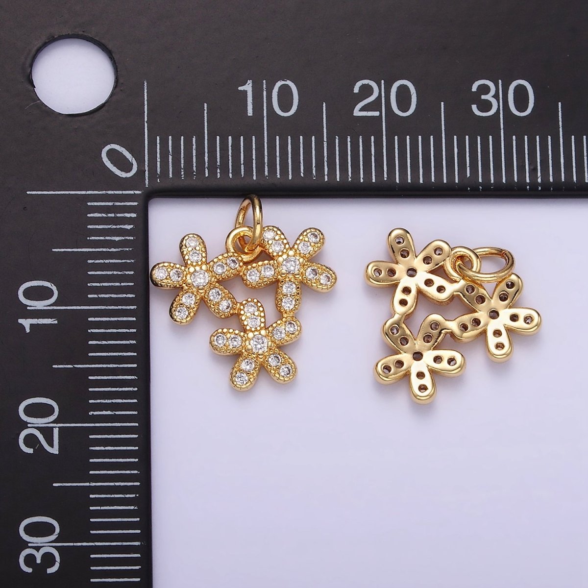 16K Gold Filled Triple Flower Micro Paved CZ Charm | C298 - DLUXCA