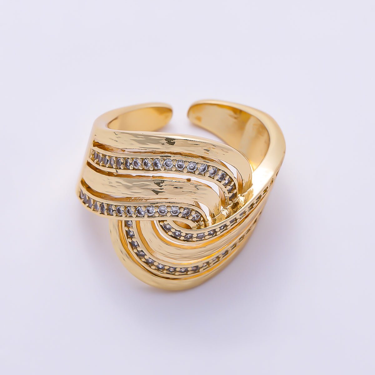 16K Gold Filled Turquoise & Clear Paved CZ Hammered Multi-Strand Wave Adjustable Ring | Rings-00373 - Rings-00374 - DLUXCA