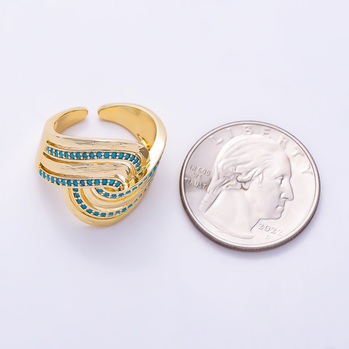 16K Gold Filled Turquoise & Clear Paved CZ Hammered Multi-Strand Wave Adjustable Ring | Rings-00373 - Rings-00374 - DLUXCA