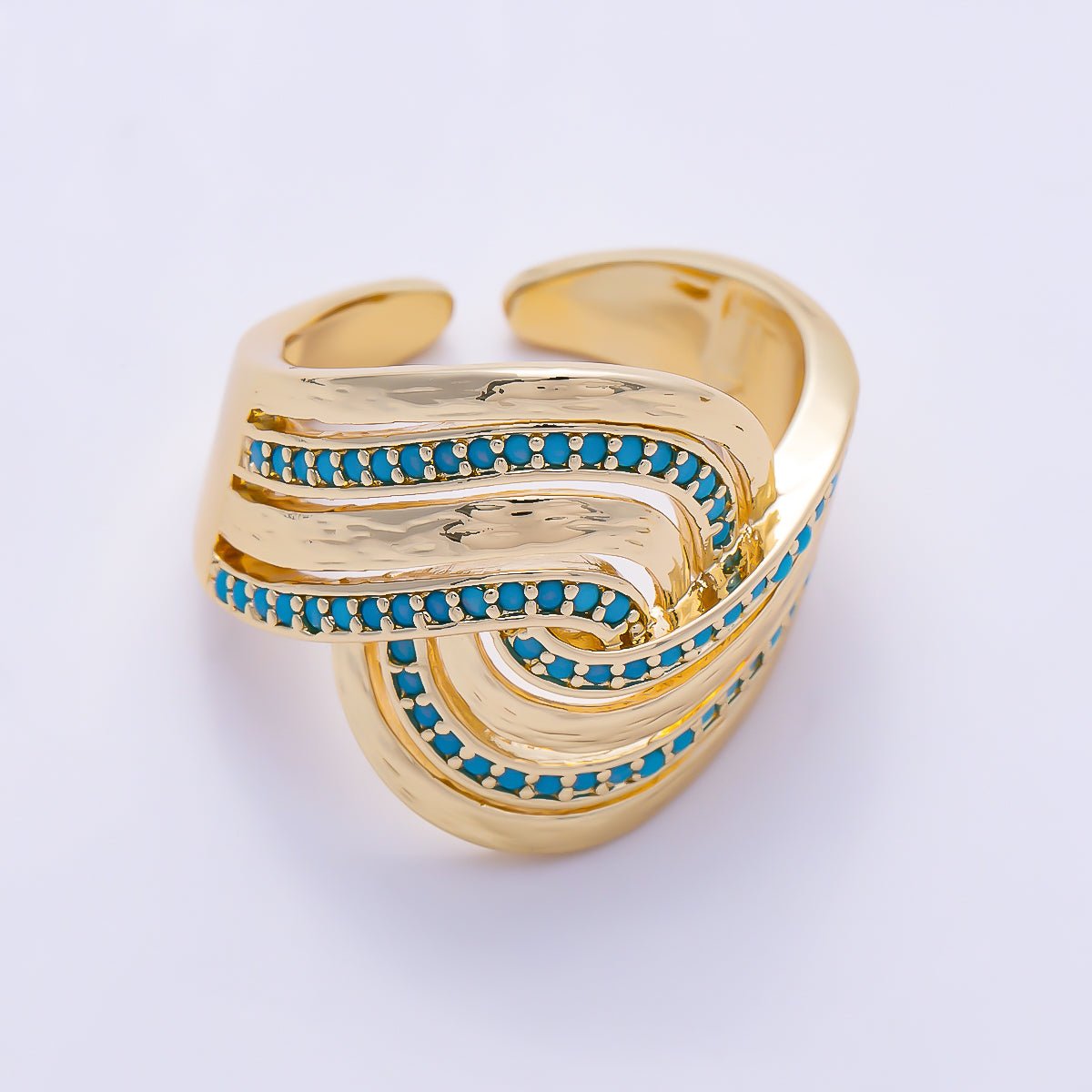 16K Gold Filled Turquoise & Clear Paved CZ Hammered Multi-Strand Wave Adjustable Ring | Rings-00373 - Rings-00374 - DLUXCA