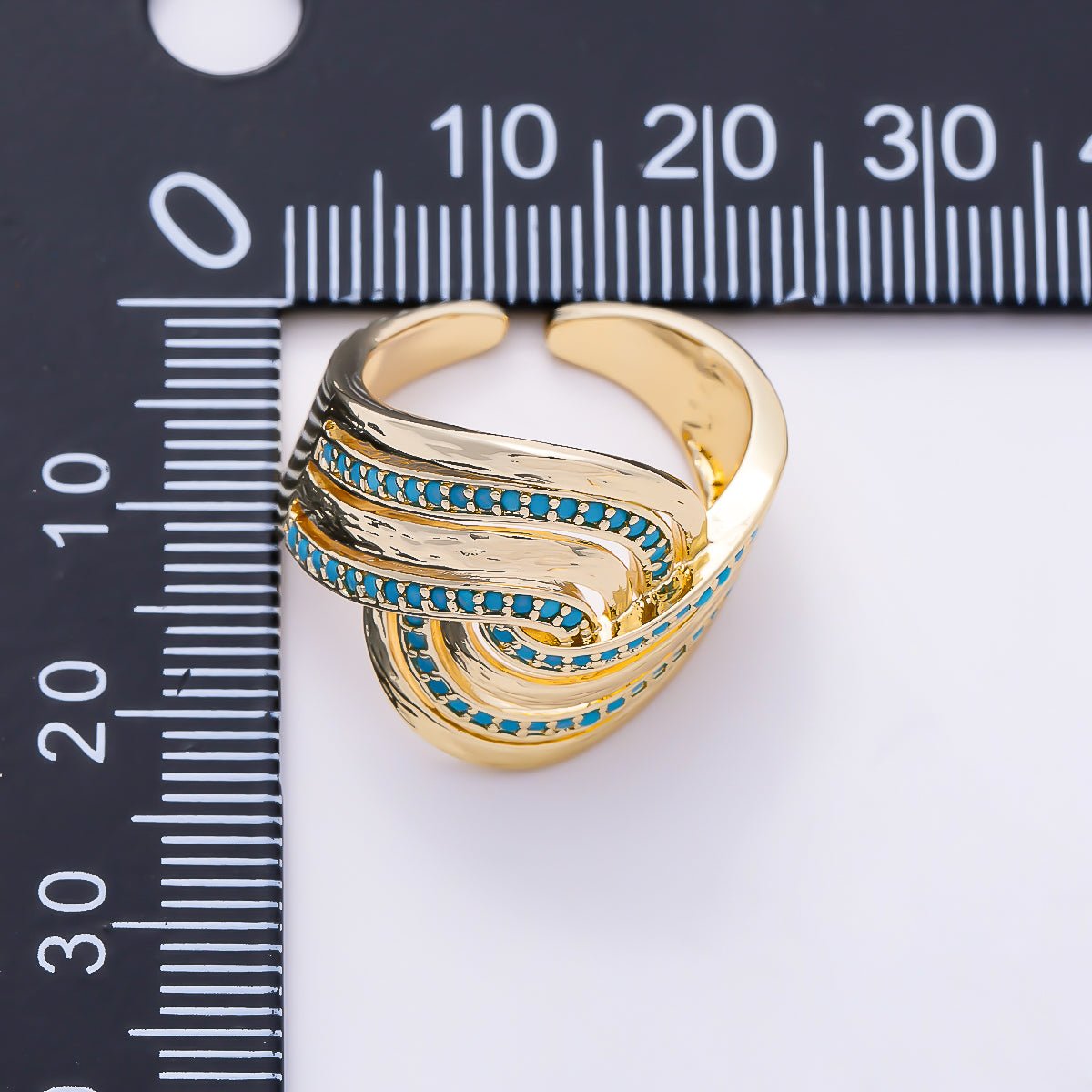 16K Gold Filled Turquoise & Clear Paved CZ Hammered Multi-Strand Wave Adjustable Ring | Rings-00373 - Rings-00374 - DLUXCA