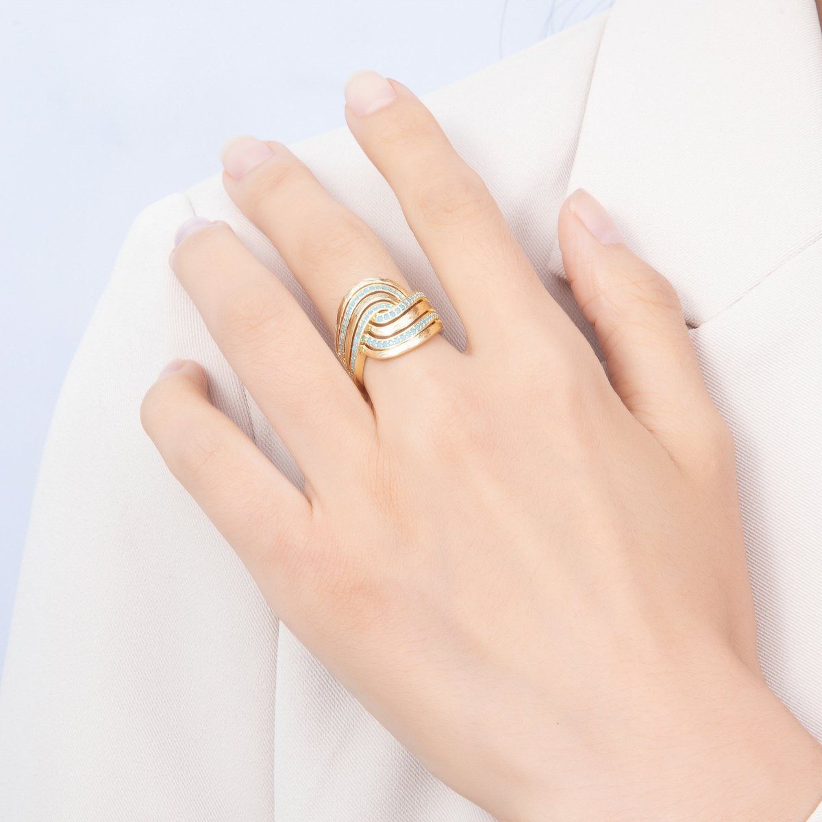 16K Gold Filled Turquoise & Clear Paved CZ Hammered Multi-Strand Wave Adjustable Ring | Rings-00373 - Rings-00374 - DLUXCA