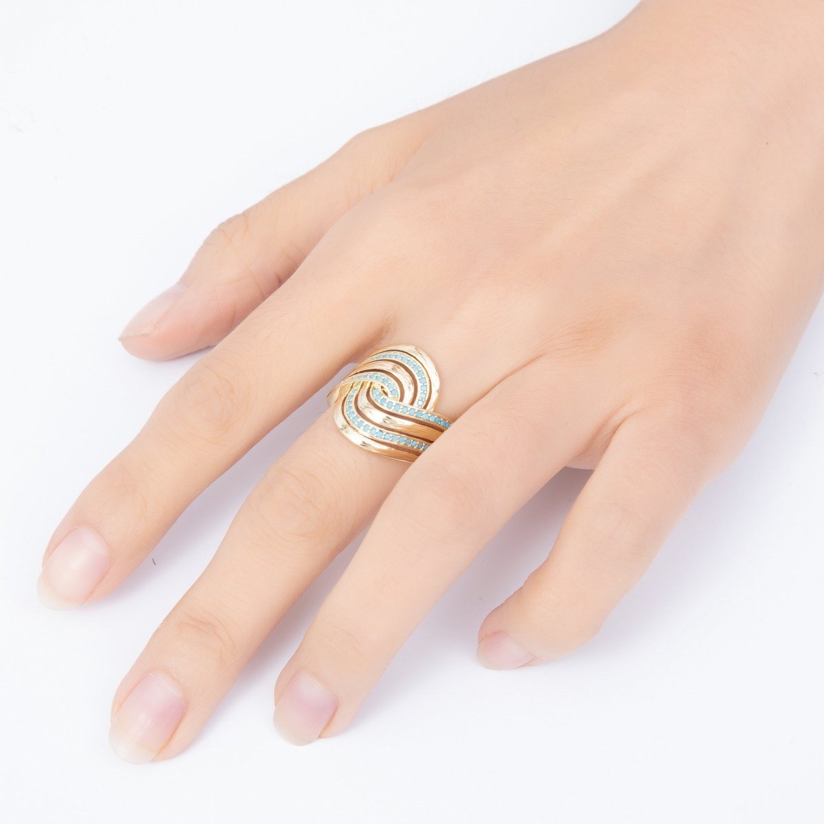 16K Gold Filled Turquoise & Clear Paved CZ Hammered Multi-Strand Wave Adjustable Ring | Rings-00373 - Rings-00374 - DLUXCA