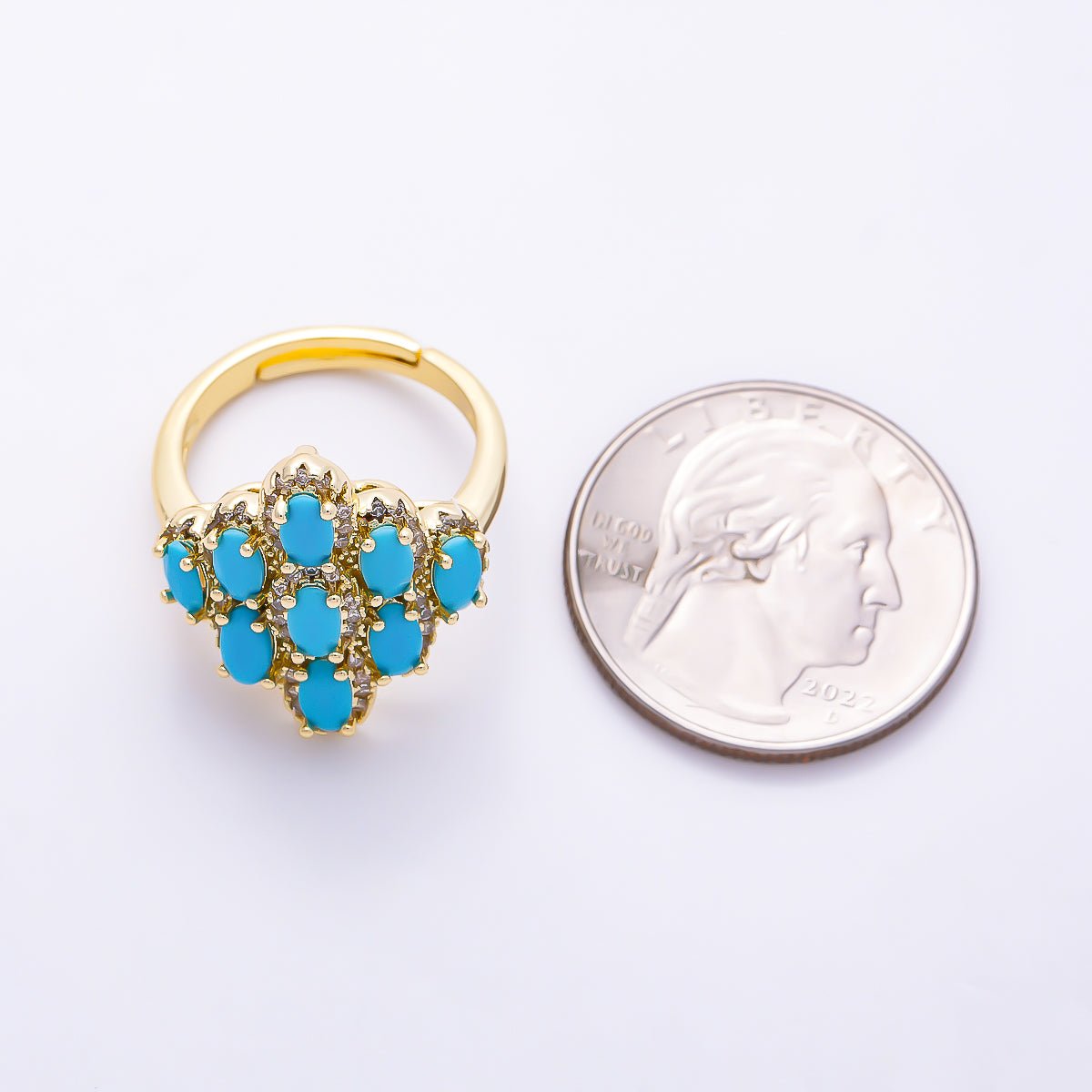16K Gold Filled Turquoise Cluster Oval Micro Paved CZ Adjustable Ring | Rings-00372 - DLUXCA