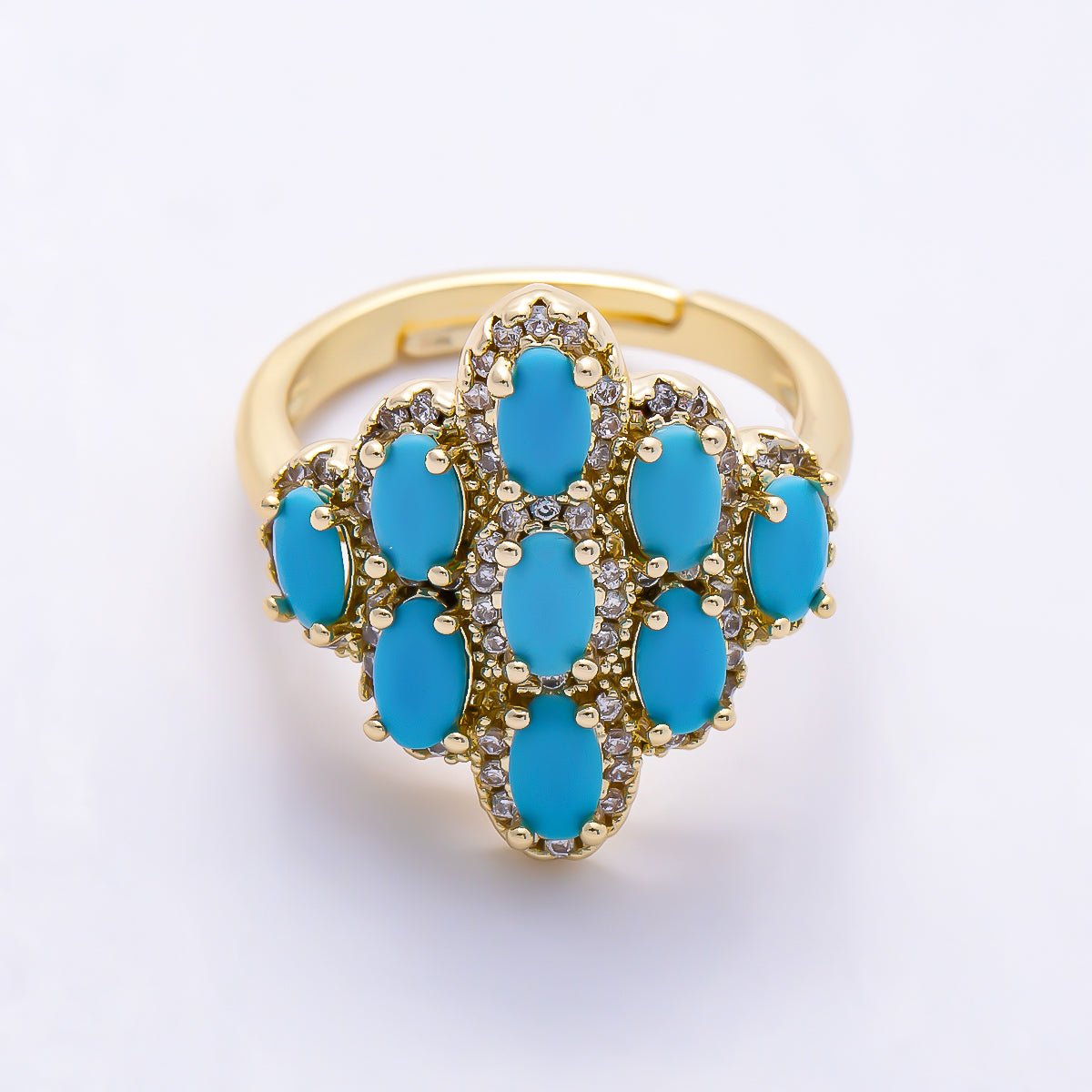 16K Gold Filled Turquoise Cluster Oval Micro Paved CZ Adjustable Ring | Rings-00372 - DLUXCA