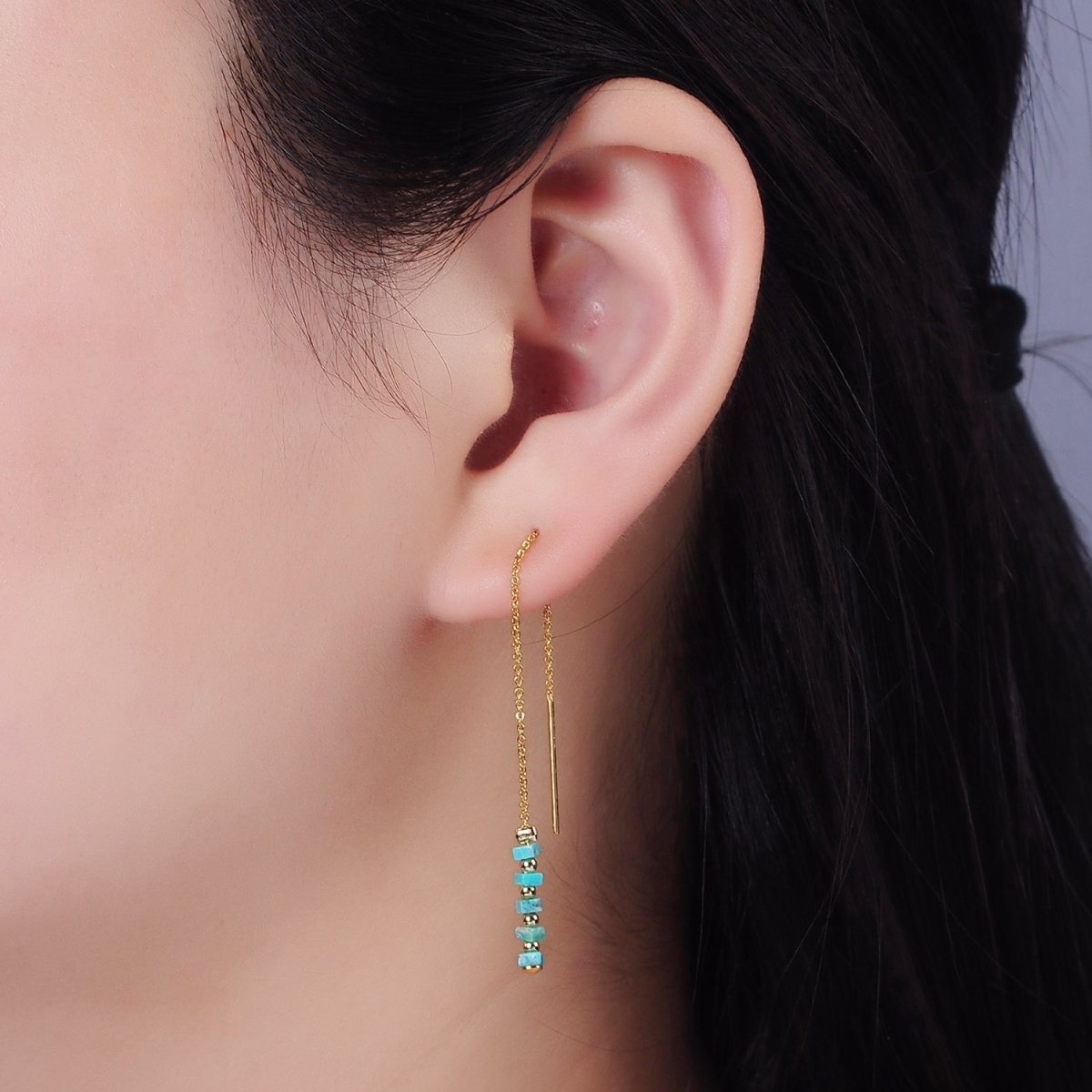 16K Gold Filled Turquoise Gemstone Cable Chain Threader Earrings | P017 - DLUXCA