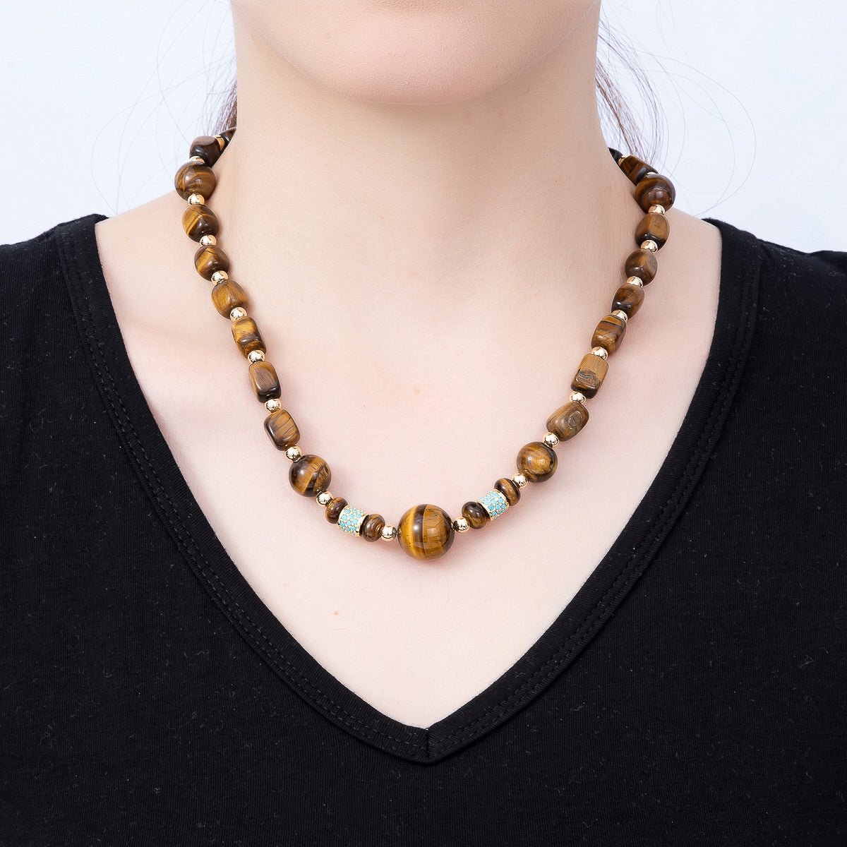 16K Gold Filled Turquoise Paved Tiger Eye Rectangle Bead Gemstone Chain 20 Inch Necklace w. Dual Push Gate | WA-02137 - DLUXCA