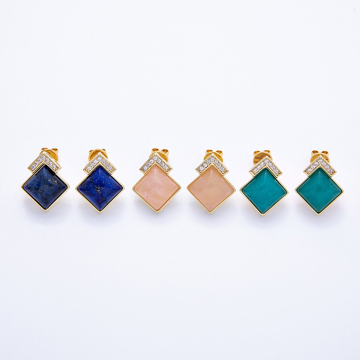 16K Gold Filled Turquoise, Pink Quartz, Lapis Lazuli Gemstone Micro Paved CZ Rhombus Studs | Earrings - 00201 ~ Earrings - 00203 - DLUXCA