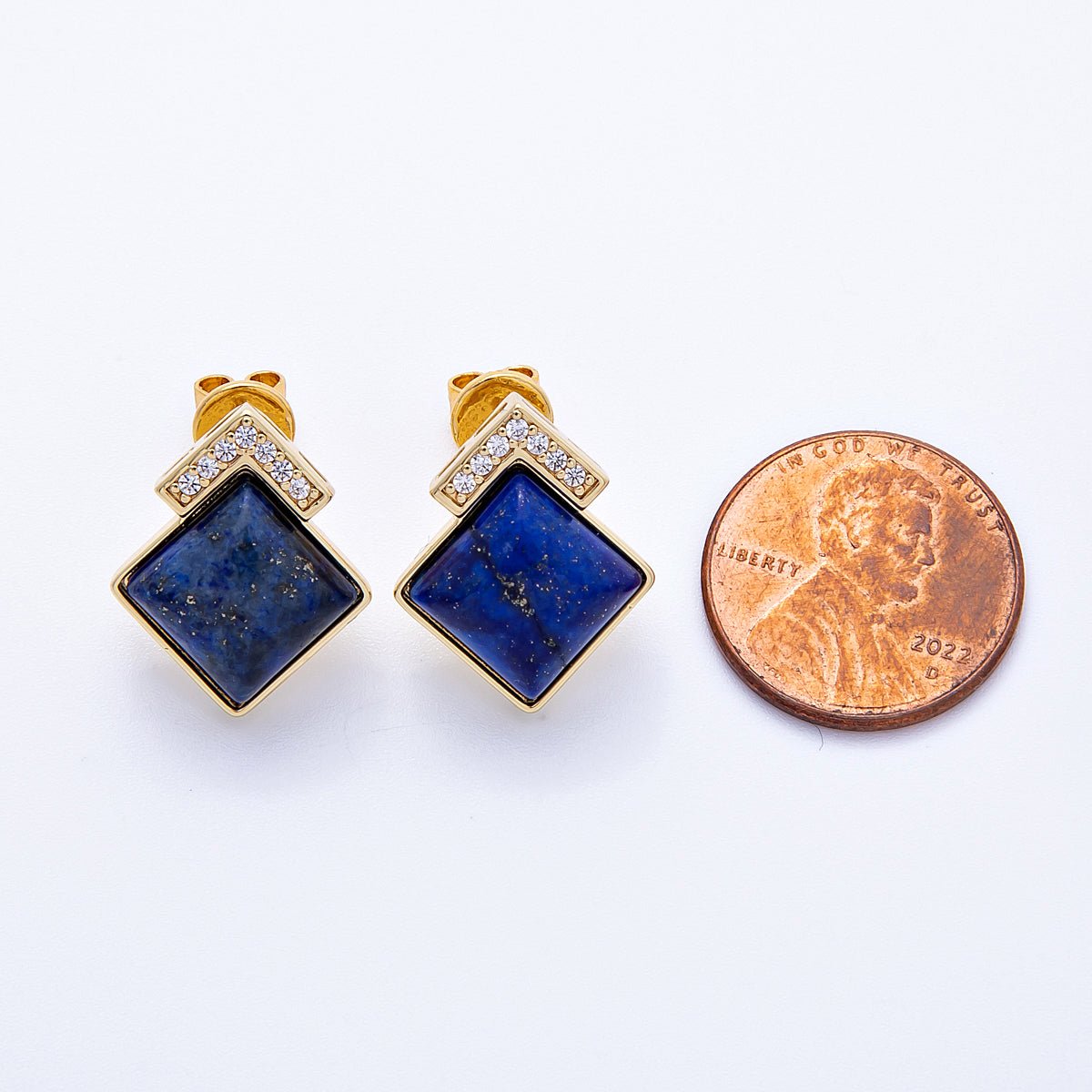 16K Gold Filled Turquoise, Pink Quartz, Lapis Lazuli Gemstone Micro Paved CZ Rhombus Studs | Earrings - 00201 ~ Earrings - 00203 - DLUXCA