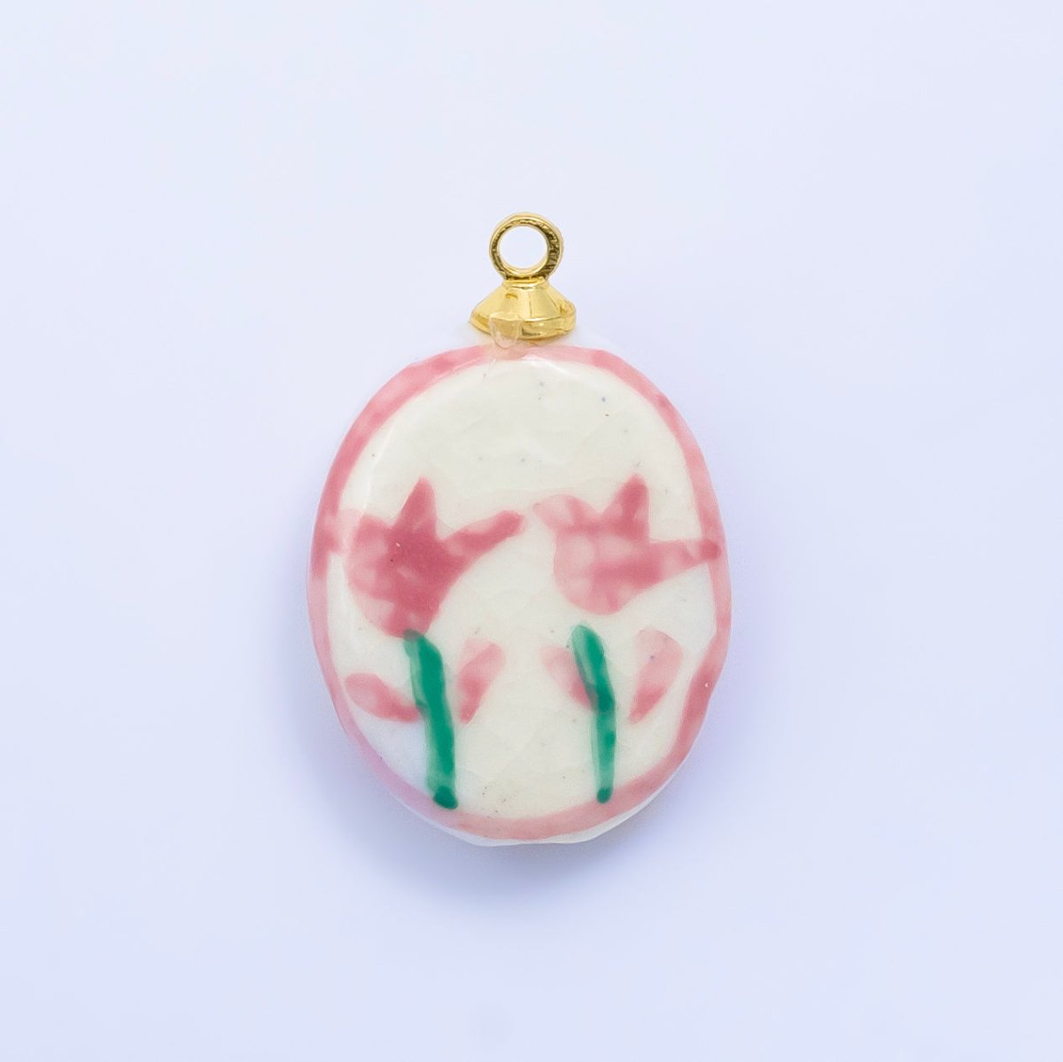 16K Gold Filled Twin Pink Flower Ceramic Drop Charm | W074 - DLUXCA