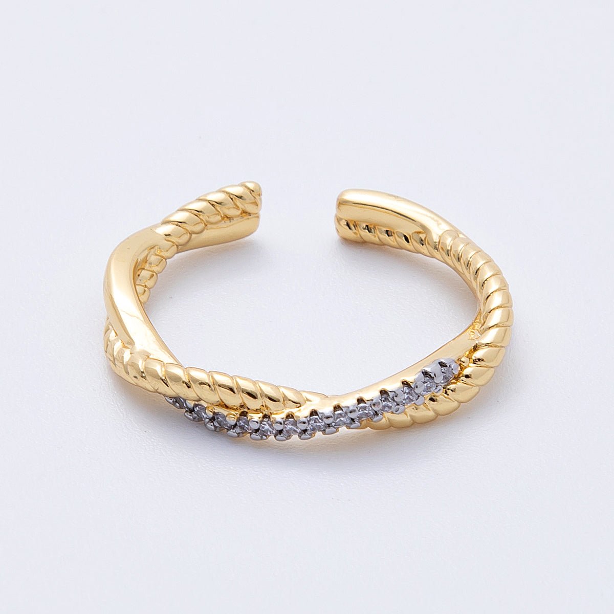 16K Gold Filled Twisted Micro Paved CZ Mixed Metal Ring | Rings - 00003 Rings - 00004 - DLUXCA