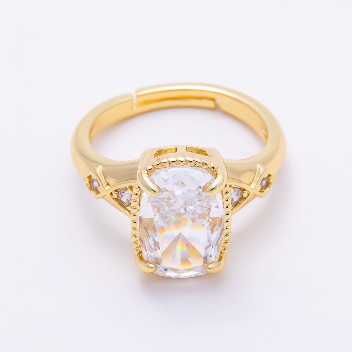 16K Gold Filled Vintage Cushion-Cut CZ Solitaire Ring Adjustable Ring | Rings-00354 - DLUXCA