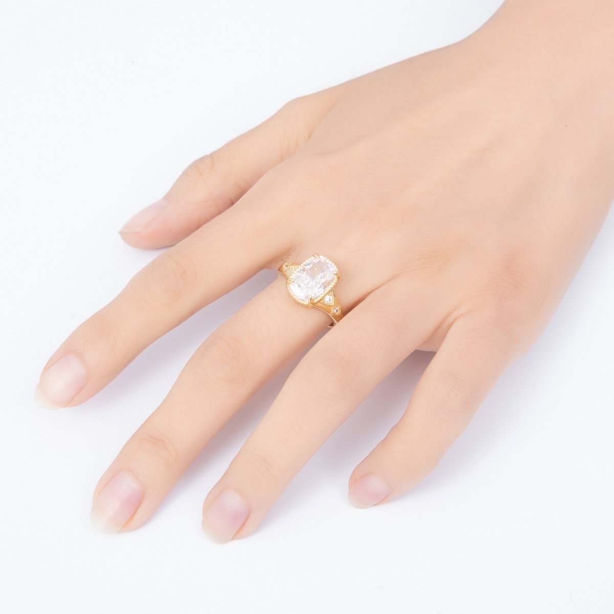 16K Gold Filled Vintage Cushion-Cut CZ Solitaire Ring Adjustable Ring | Rings-00354 - DLUXCA