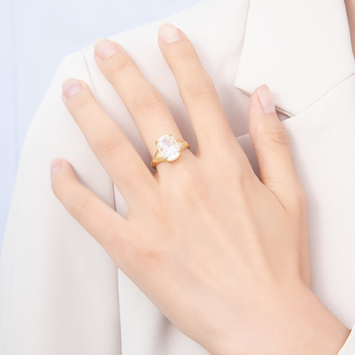 16K Gold Filled Vintage Cushion-Cut CZ Solitaire Ring Adjustable Ring | Rings-00354 - DLUXCA