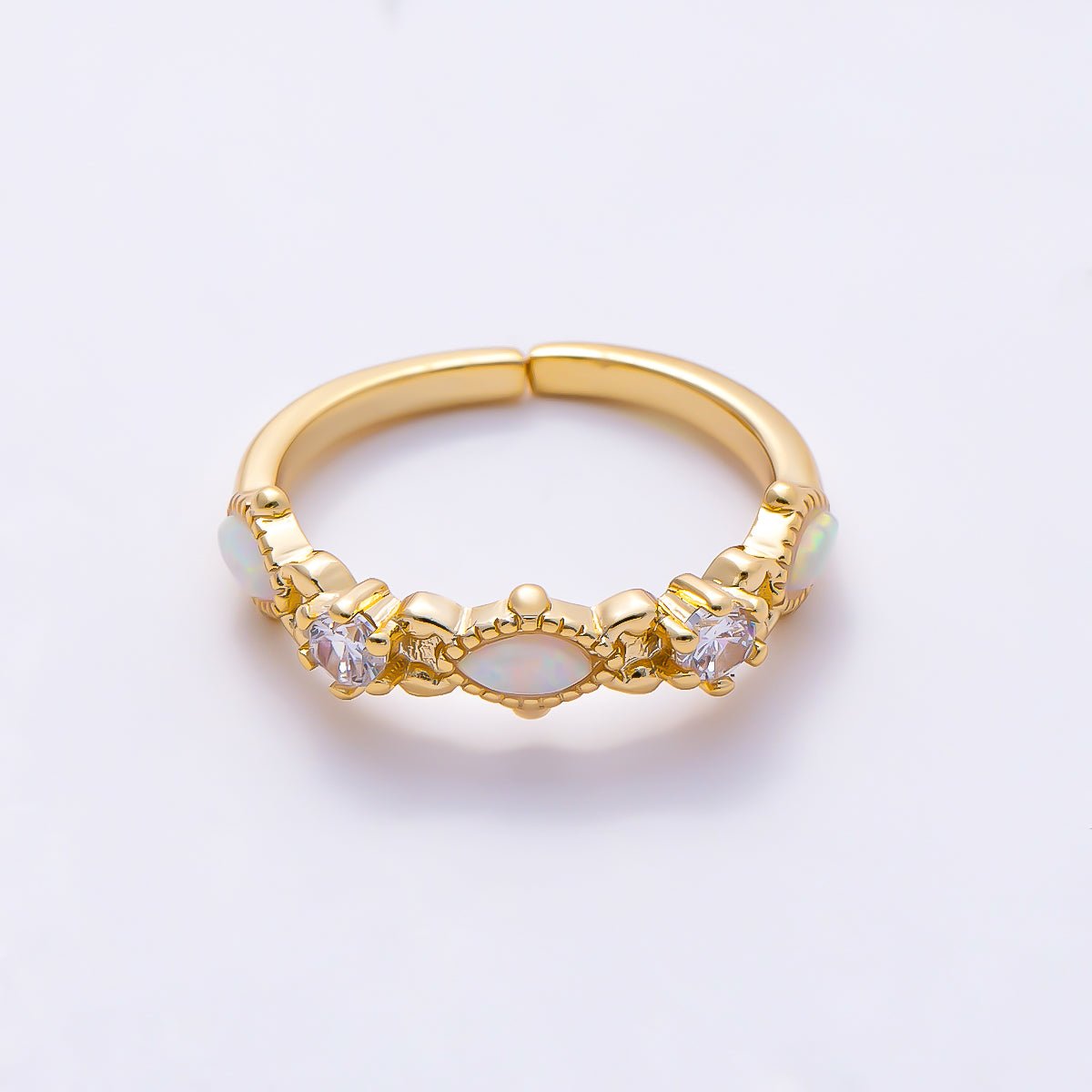 16K Gold Filled Vintage Marquise White Opal & Round Clear CZ Adjustable Pinky Ring | Rings-00381 - DLUXCA