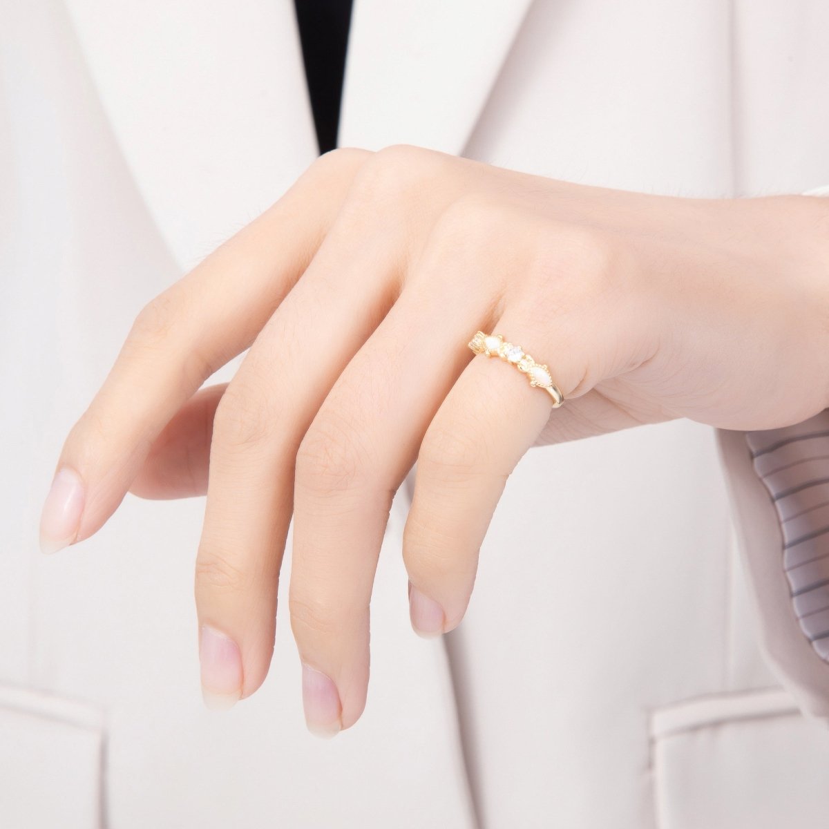 16K Gold Filled Vintage Marquise White Opal & Round Clear CZ Adjustable Pinky Ring | Rings-00381 - DLUXCA