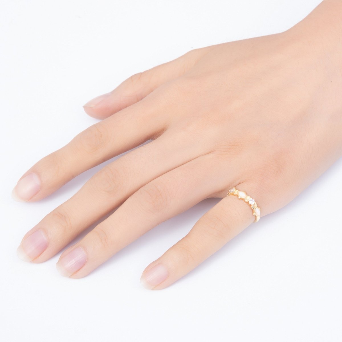 16K Gold Filled Vintage Marquise White Opal & Round Clear CZ Adjustable Pinky Ring | Rings-00381 - DLUXCA