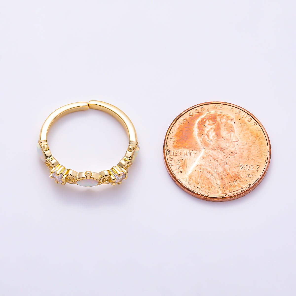 16K Gold Filled Vintage Marquise White Opal & Round Clear CZ Adjustable Pinky Ring | Rings-00381 - DLUXCA