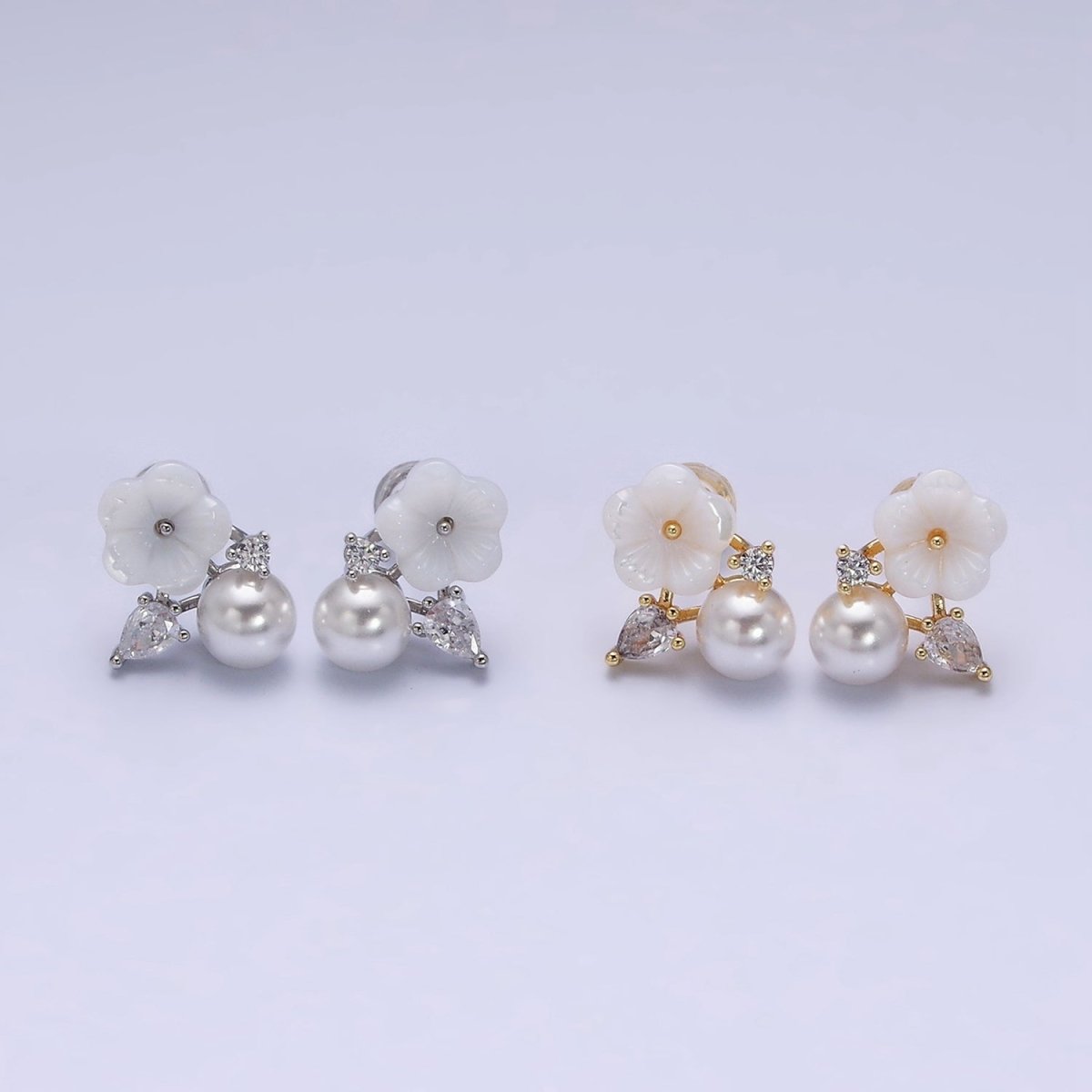 16K Gold Filled White Acrylic Flower Pearl CZ Stud Earrings in Gold & Silver | AD1558 AD1559 - Gold - DLUXCA