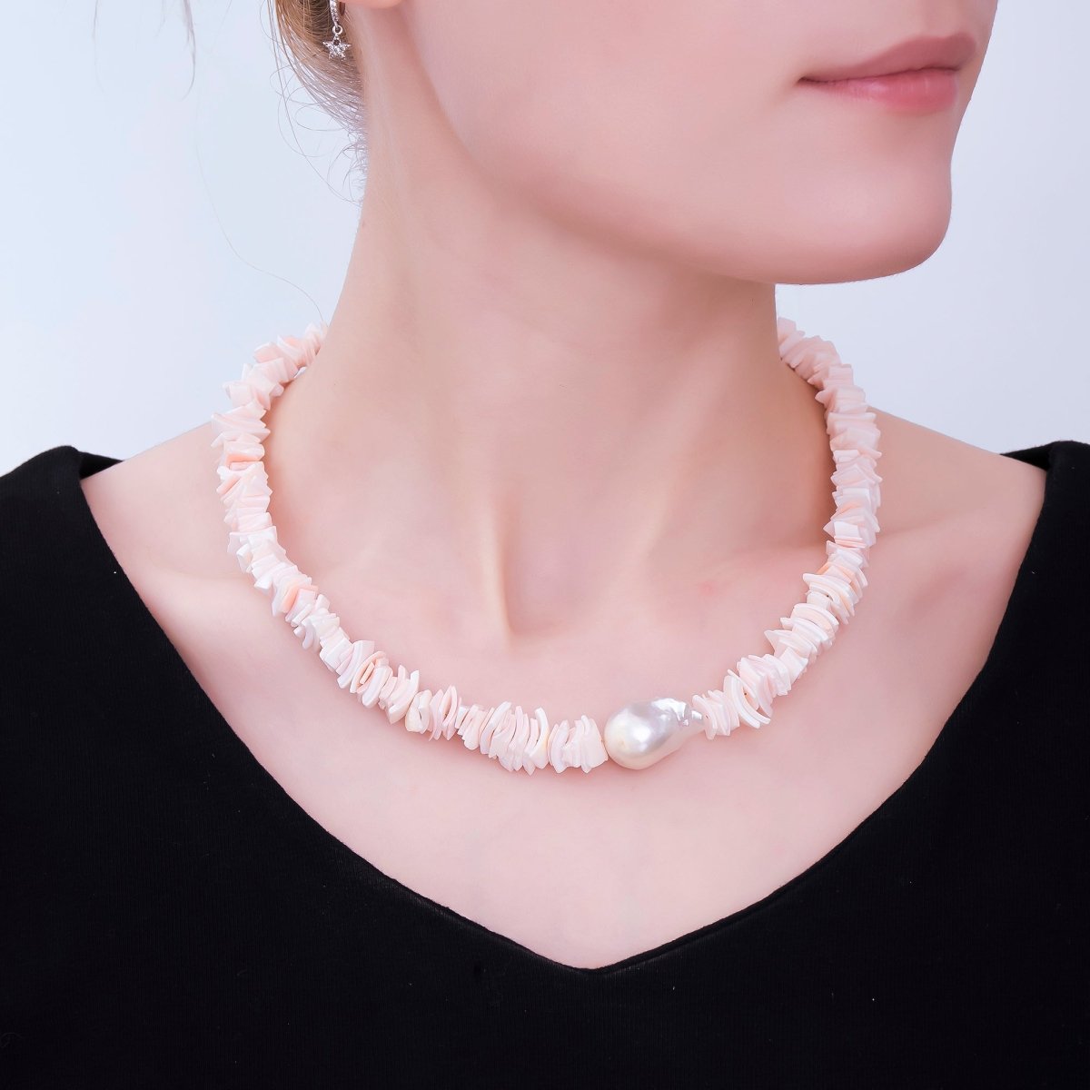 16K Gold Filled White Baroque Freshwater Pearl Pink Puka Shell 16 Inch Necklace | WA - 3248 - DLUXCA