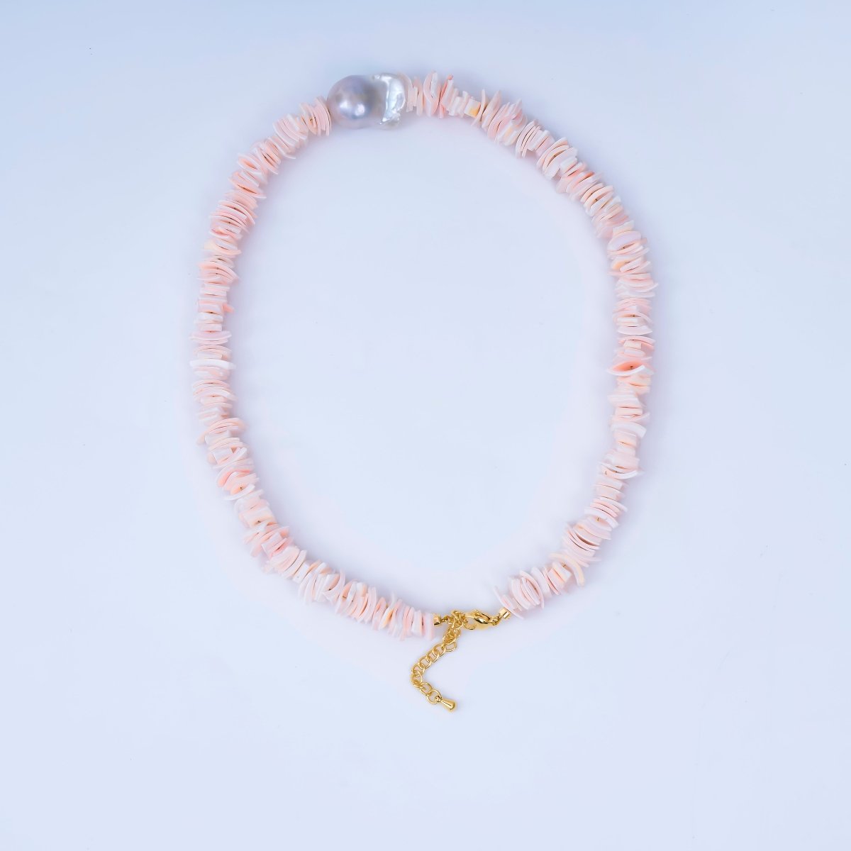 16K Gold Filled White Baroque Freshwater Pearl Pink Puka Shell 16 Inch Necklace | WA - 3248 - DLUXCA