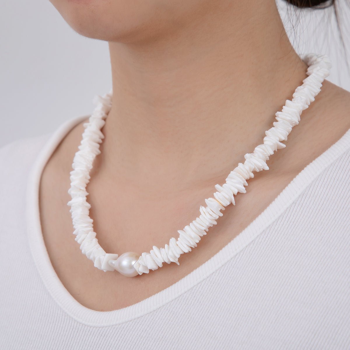 16K Gold Filled White Baroque Freshwater Pearl Puka Shell 17 Inch Necklace | WA - 3180 - DLUXCA