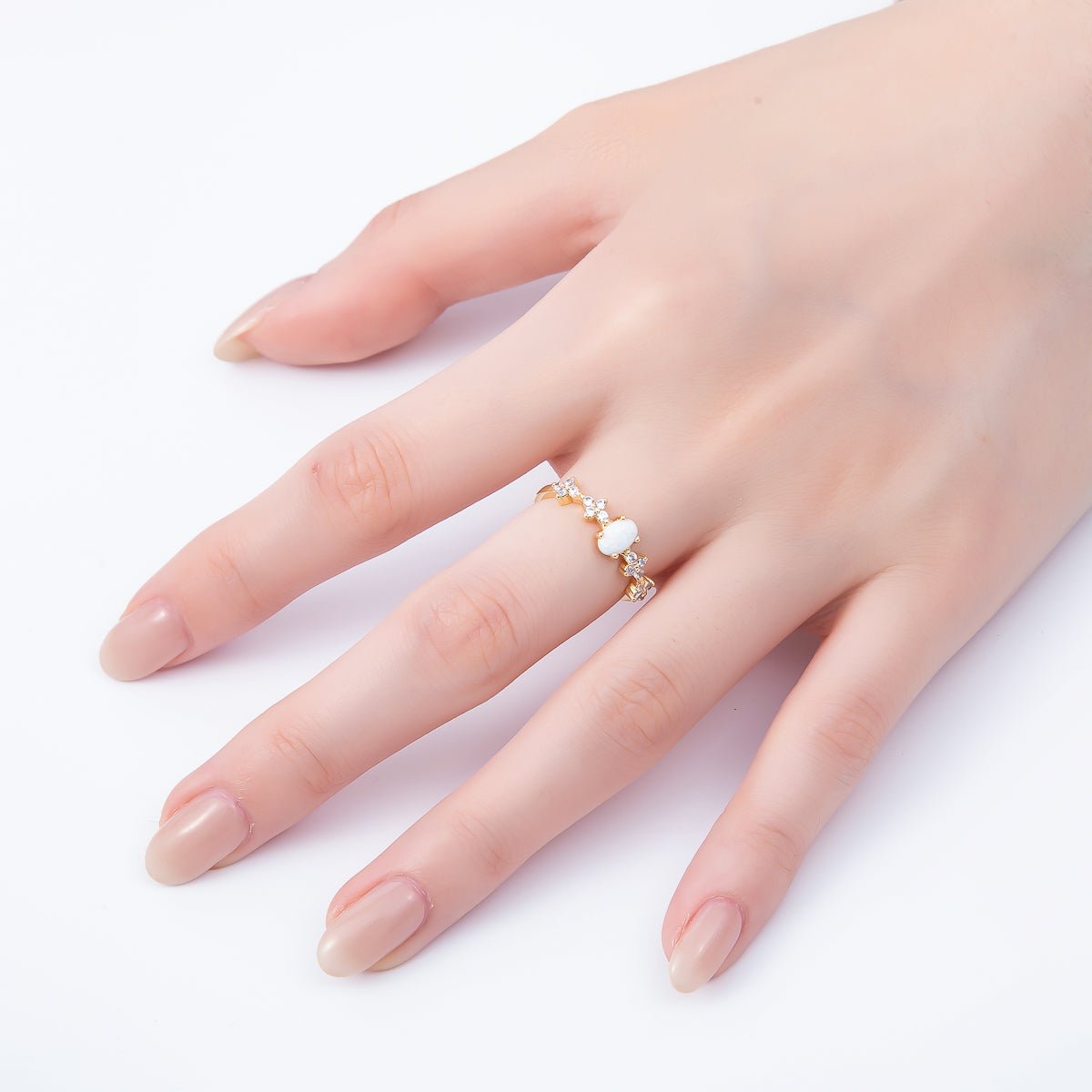 16K Gold Filled White Opal Clear CZ Flower Leaf Adjustable Ring | Rings-00139 - DLUXCA