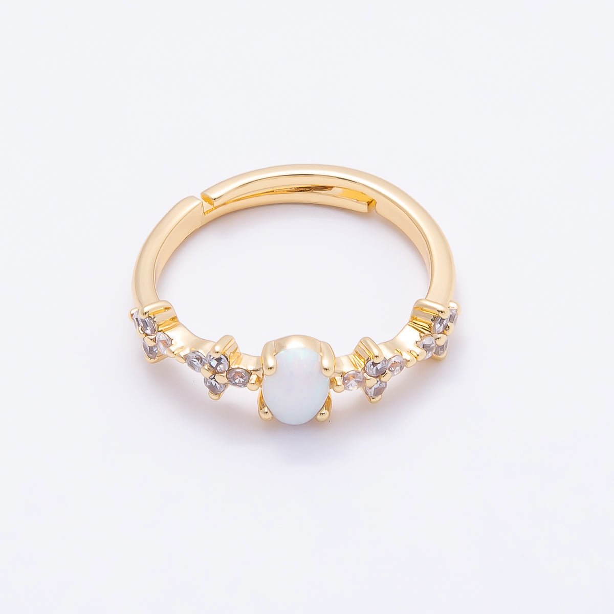 16K Gold Filled White Opal Clear CZ Flower Leaf Adjustable Ring | Rings-00139 - DLUXCA