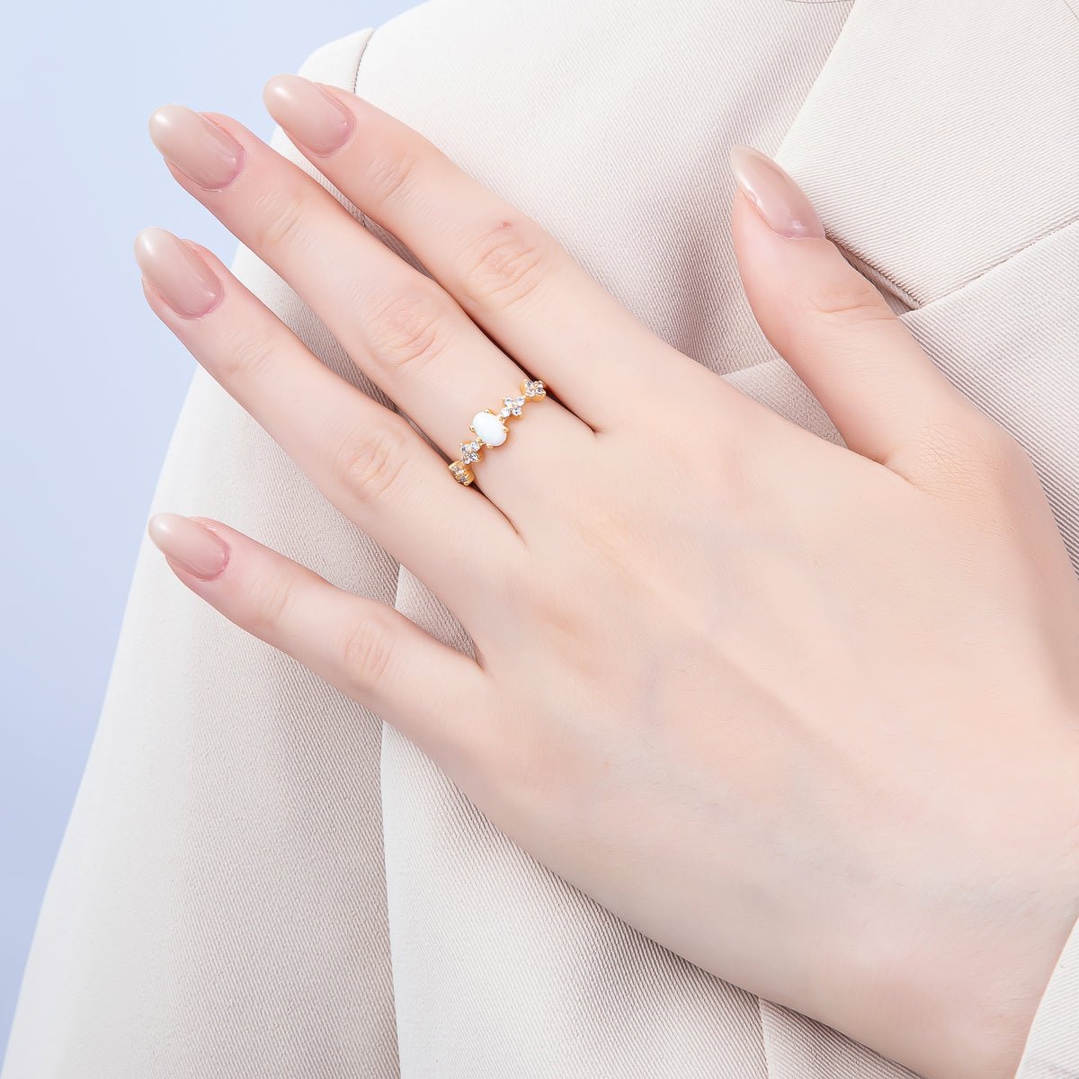 16K Gold Filled White Opal Clear CZ Flower Leaf Adjustable Ring | Rings-00139 - DLUXCA