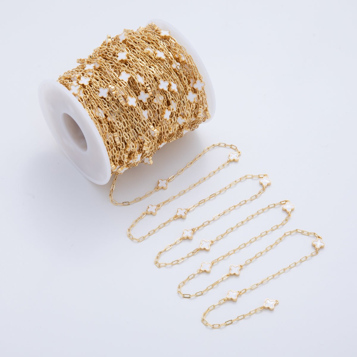 16K Gold Filled White Quatrefoil Enamel Paperclip Unfinished Chain by Yard | Roll - 1592 - DLUXCA