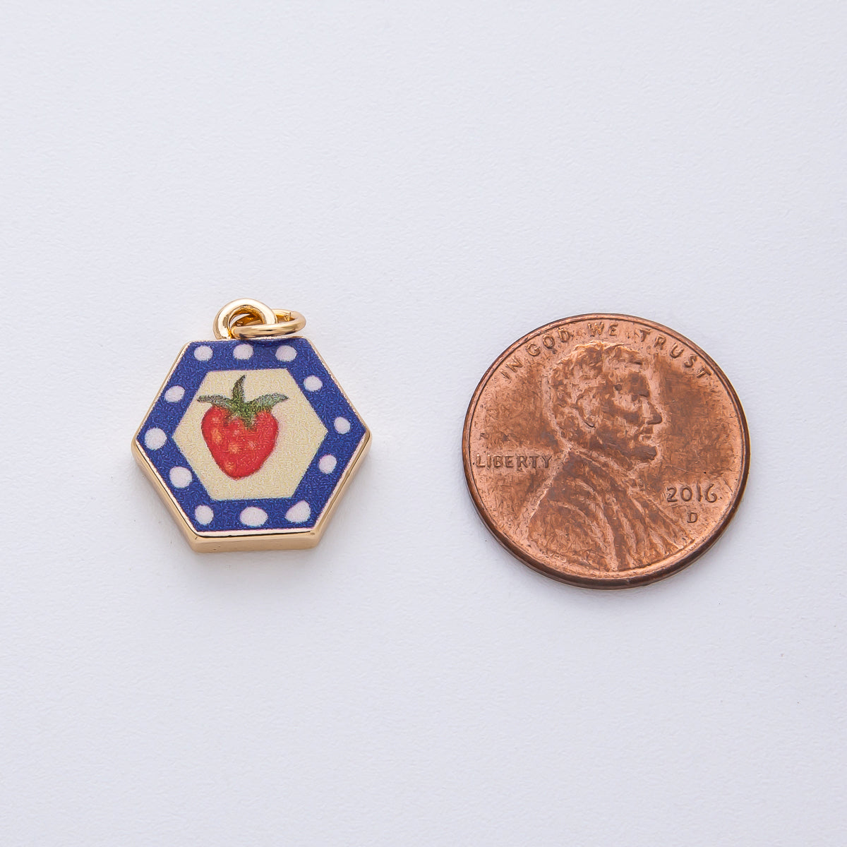 18K Gold Filled 17.5mm Strawberry Fruit Blue Hexagon Charm | AF1603