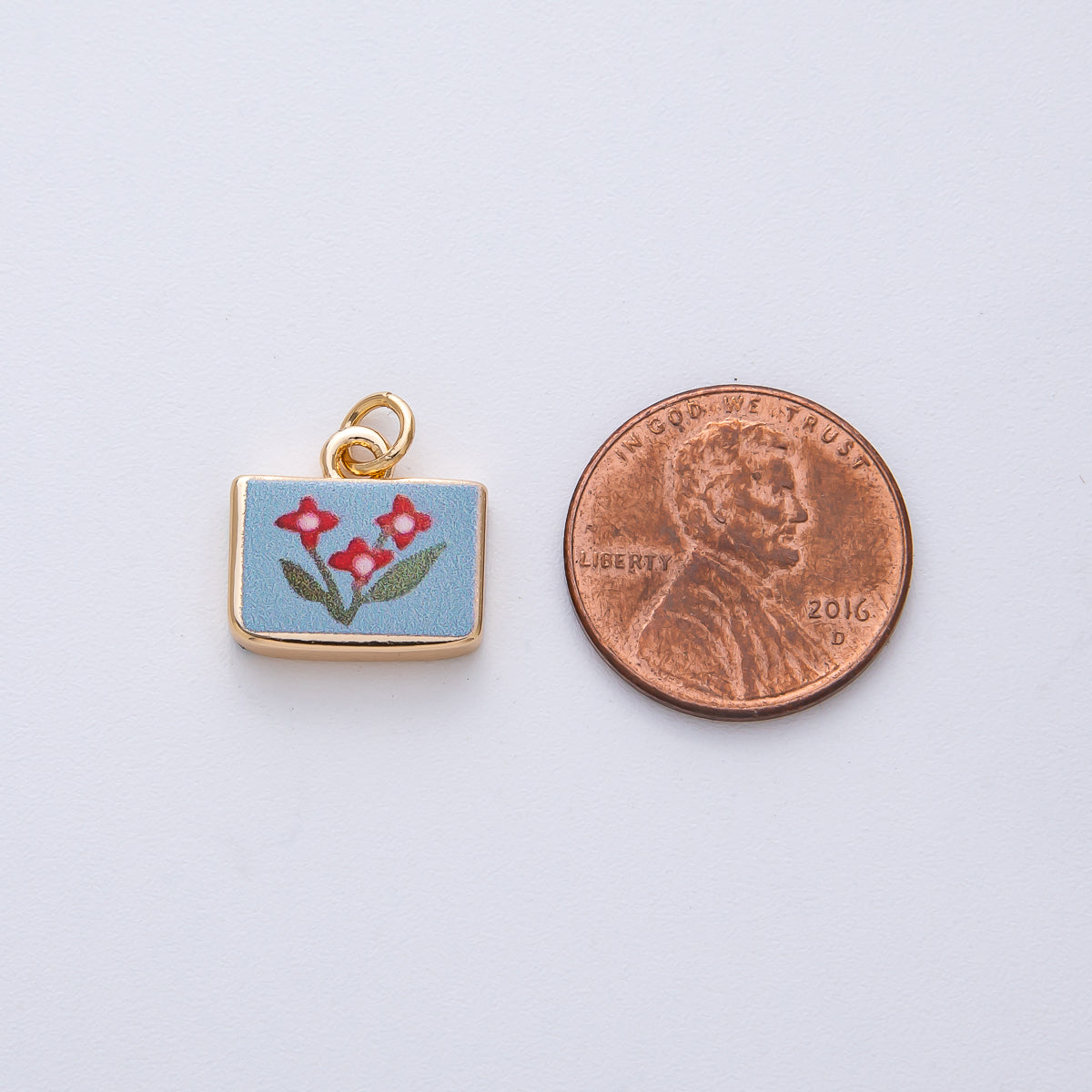 18K Gold Filled 13mm Red Flower Blue Rectangular Charm | AF1609