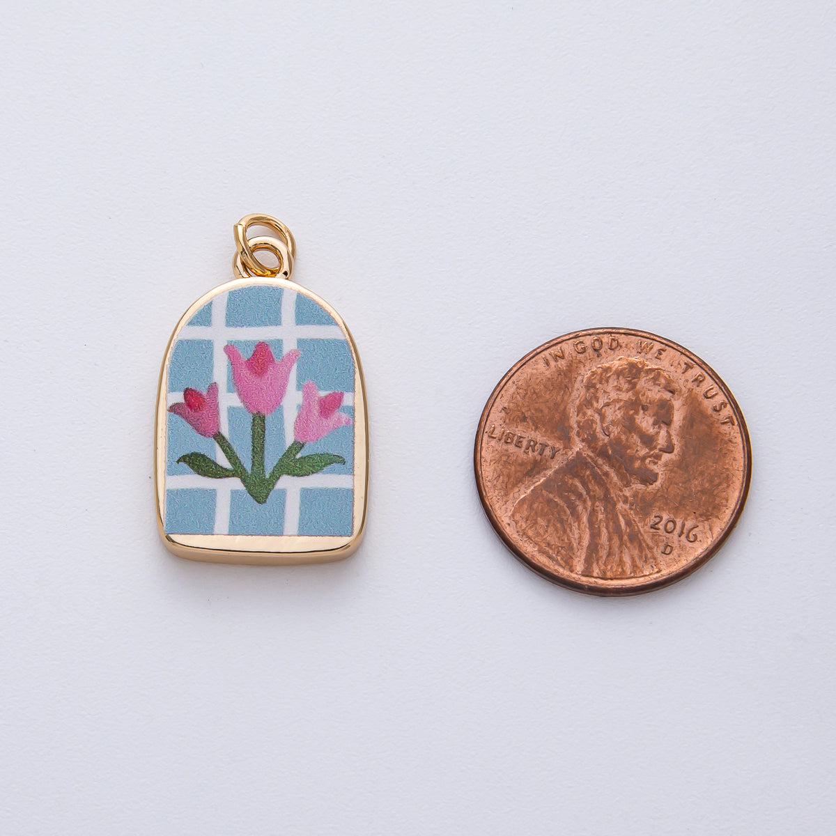 18K Gold Filled 23mm Pink-Blue Flower Enamel Charm | AF1596