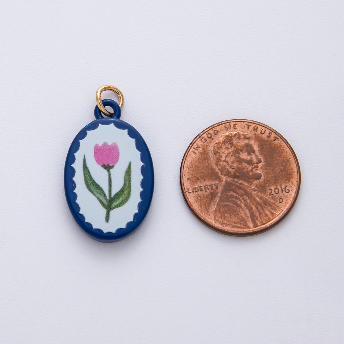 18K Gold Filled 23mm Pink Blue Enamel Flower Oval Charm | AF1624