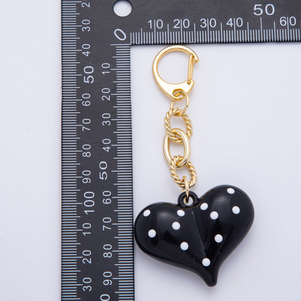 18K Gold Filled 100mm Black Polka Dotted Chubby Heart Twisted Cable Chain Drop Keychain Accessories | WB - 00128 - DLUXCA