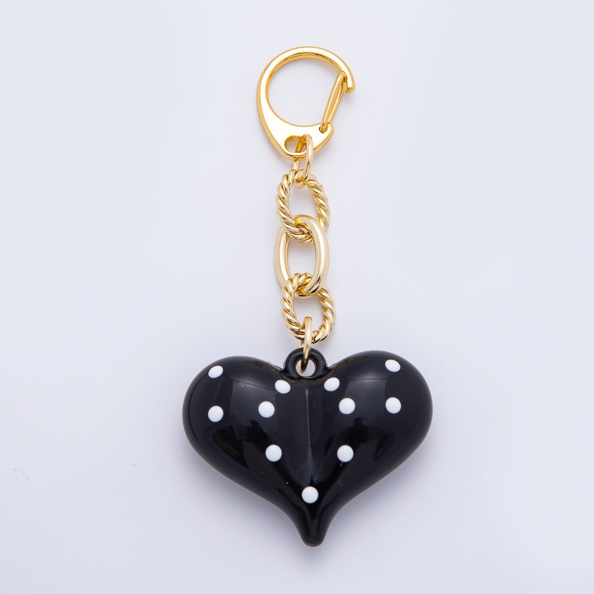 18K Gold Filled 100mm Black Polka Dotted Chubby Heart Twisted Cable Chain Drop Keychain Accessories | WB - 00128 - DLUXCA