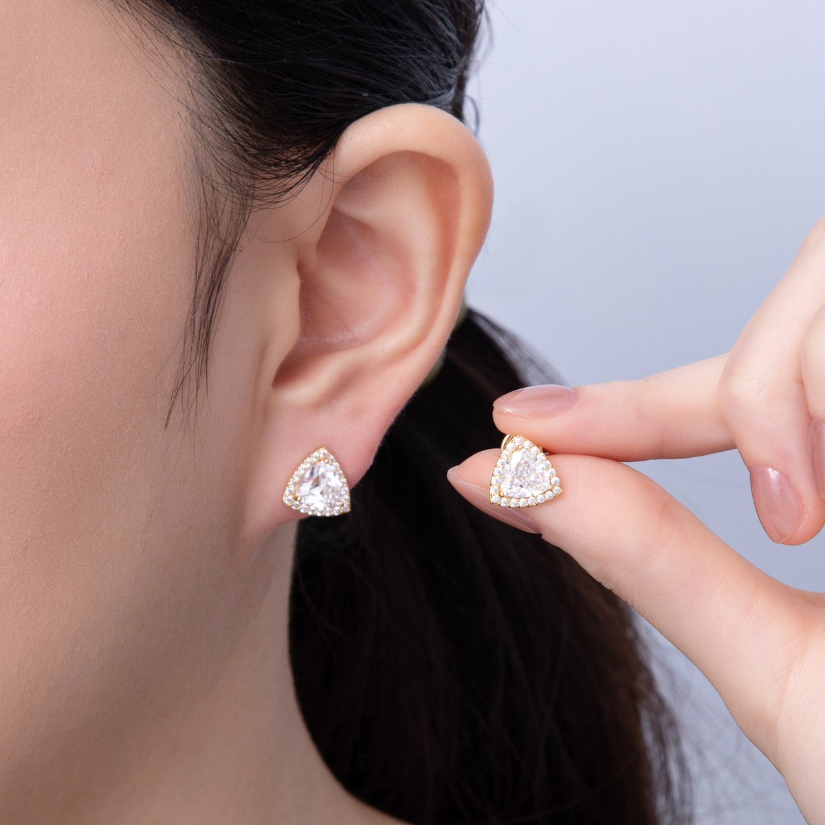 18K Gold Filled 10.5mm Clear Micro Paved CZ Triangle Stud Earrings | AD1624 - DLUXCA