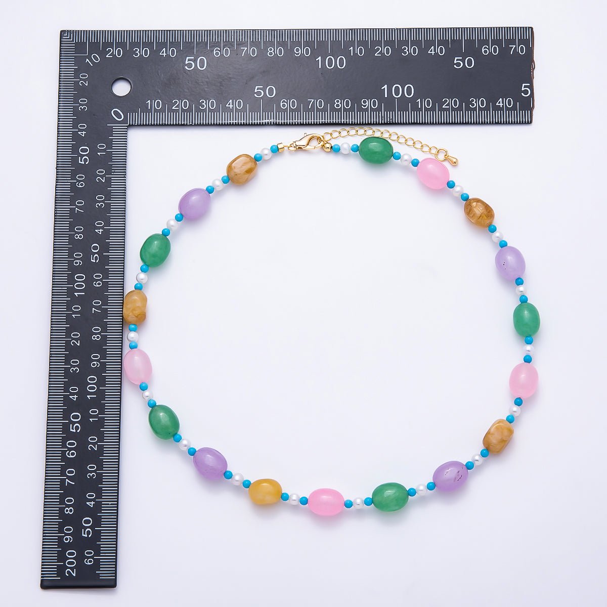 18K Gold Filled 10mm Multicolor Oval Candy Gemstone & Pearl Bead 17 Inch Choker Necklace | WA-00311 - DLUXCA