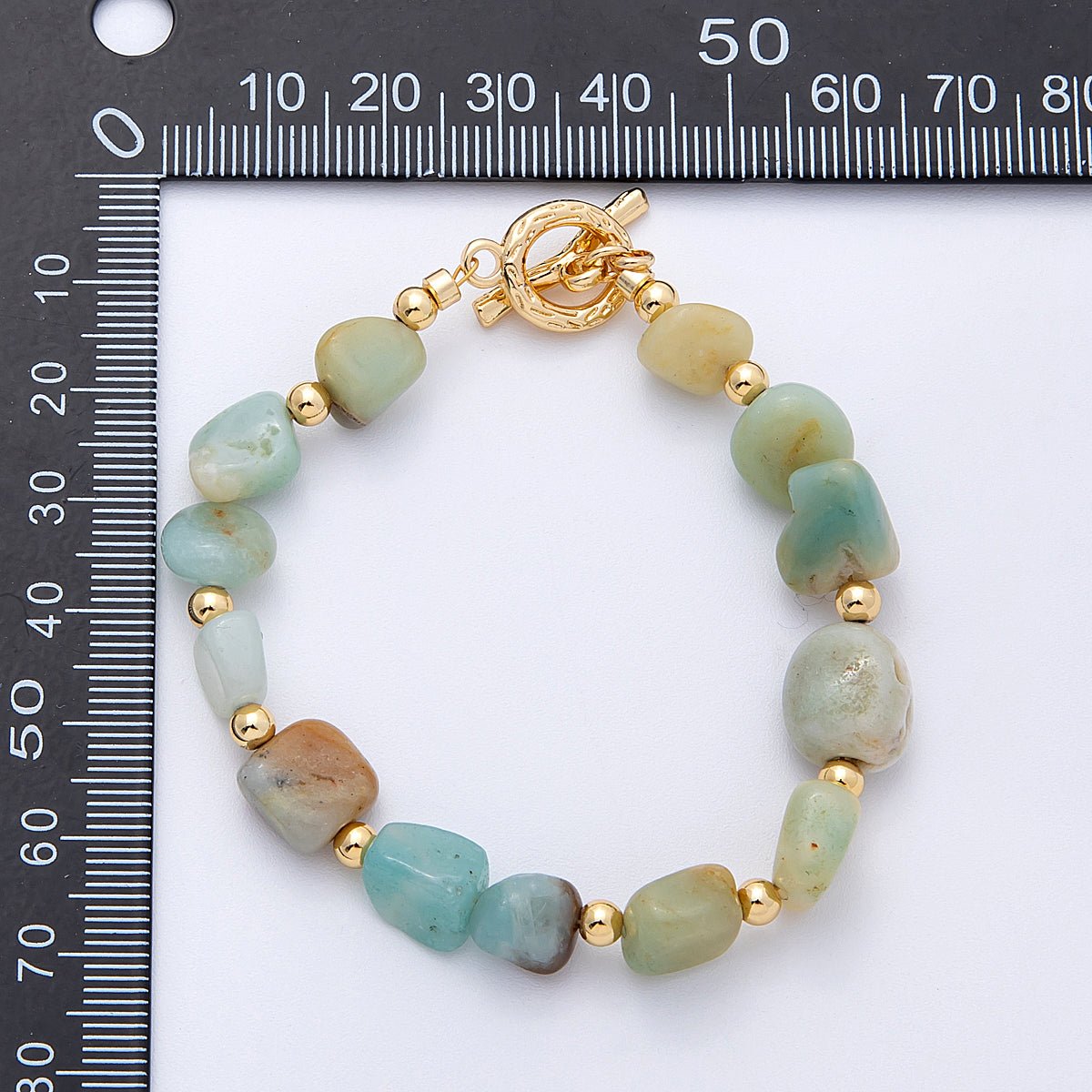 18K Gold Filled 10mm Onyx, Carnelian, Amazonite Pebble Gemstone Bead 7.5 Inch Toggle Bracelet | WA - 4105 - DLUXCA