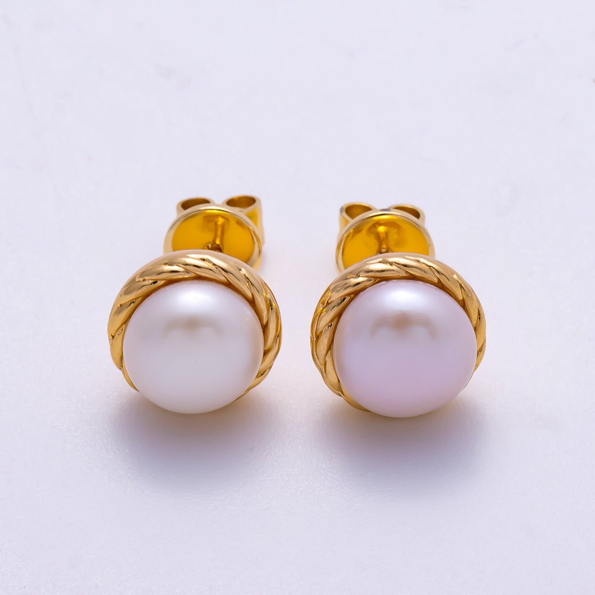18K Gold Filled 10mm Shell Pearl Rope Bezel Round Stud Earrings | Earrings - 00353 - DLUXCA