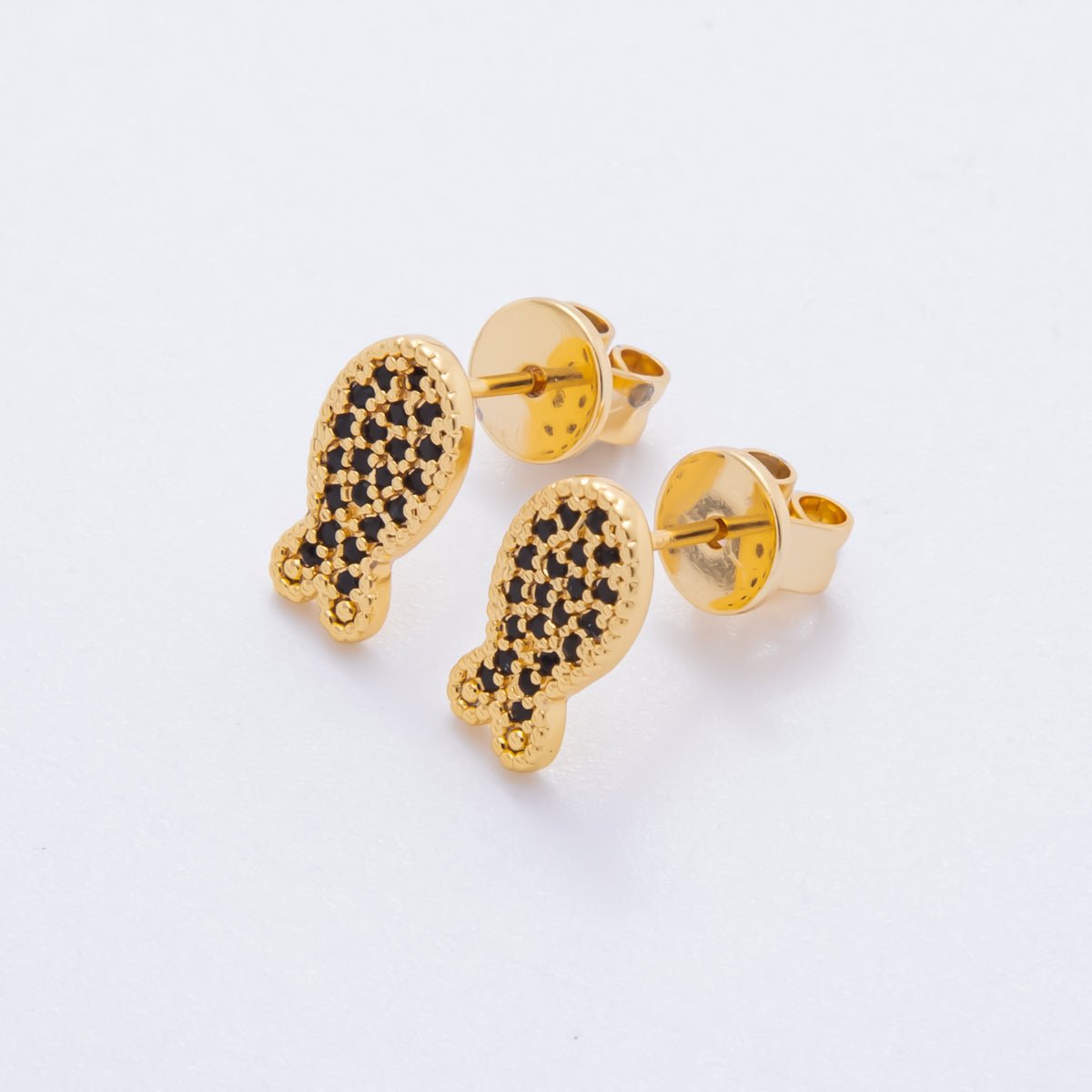 18K Gold Filled 11.5mm Black CZ Micro Paved Whimsical Sea Fish Studs Earrings | AJ172 - DLUXCA