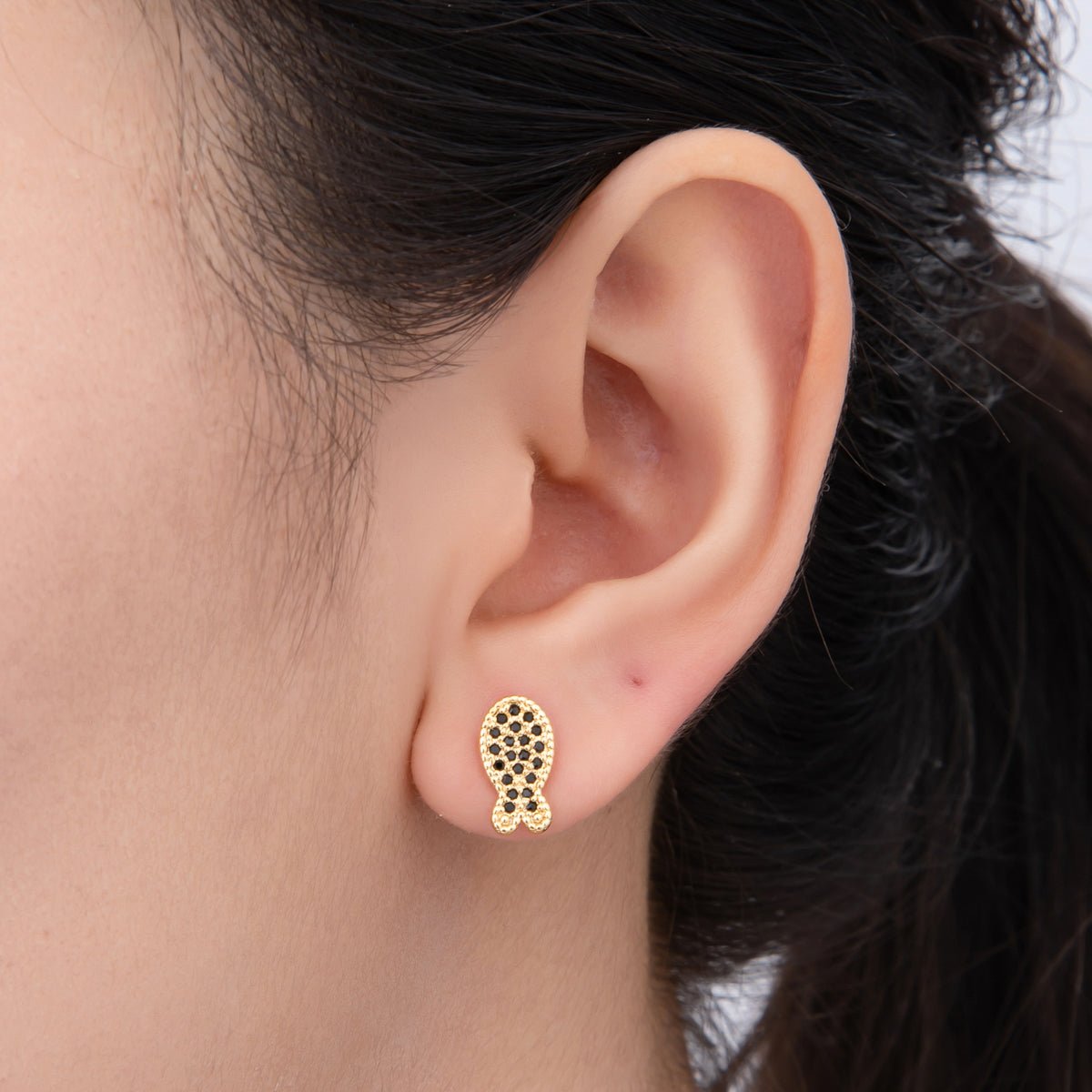 18K Gold Filled 11.5mm Black CZ Micro Paved Whimsical Sea Fish Studs Earrings | AJ172 - DLUXCA