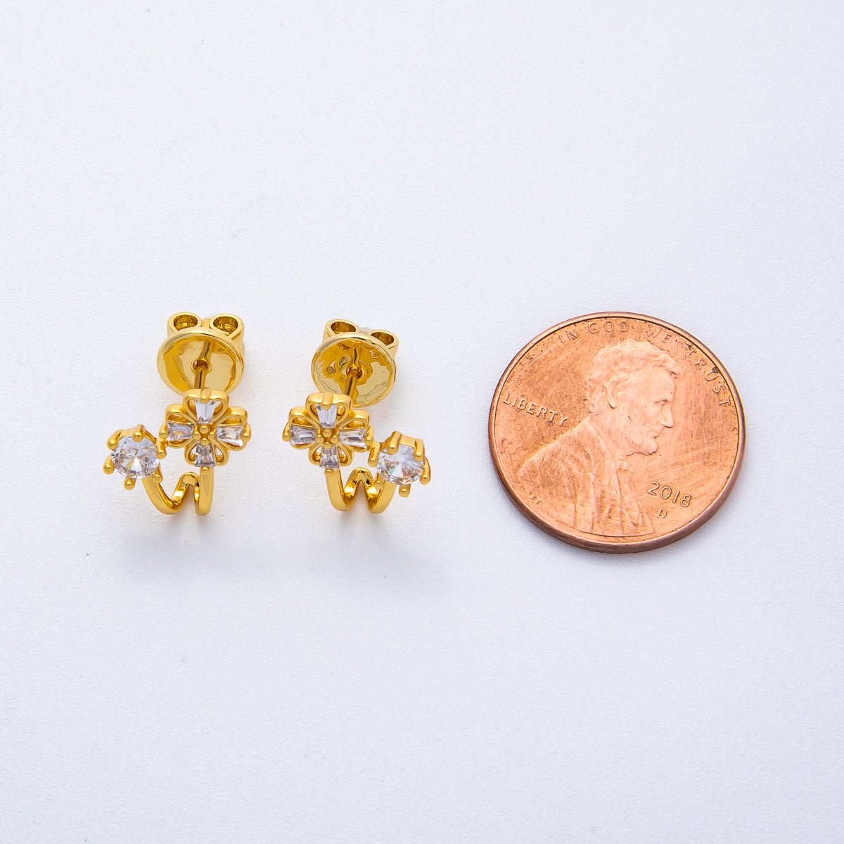 18K Gold Filled 11mm Baguette, Round CZ Tiny Flower Studs Earrings | AD1574 - DLUXCA